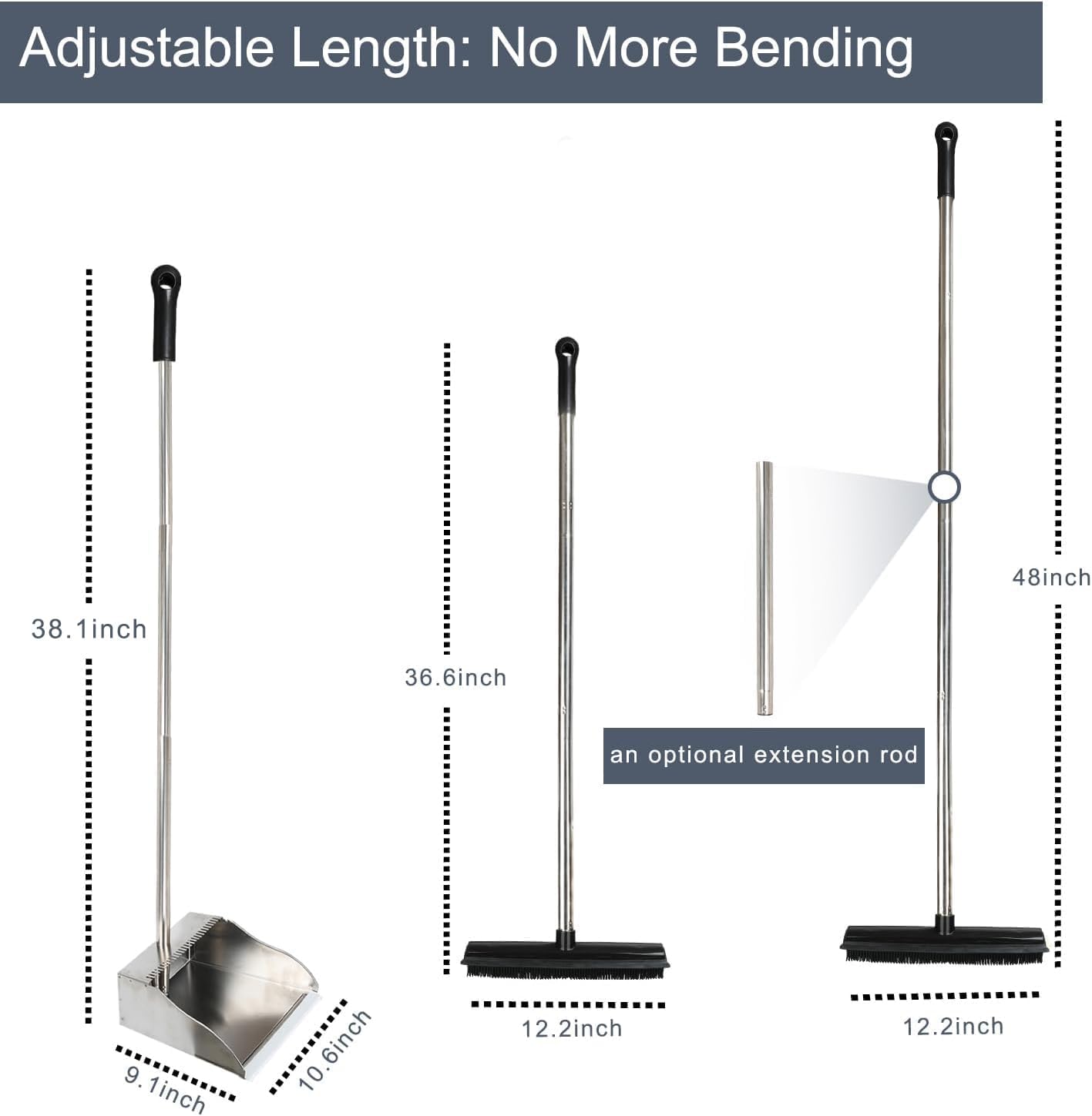 Rubber Broom and Dustpan Set,Pet Hair Removal Rubber Broom with Squeegee and Stainless Steel Dust