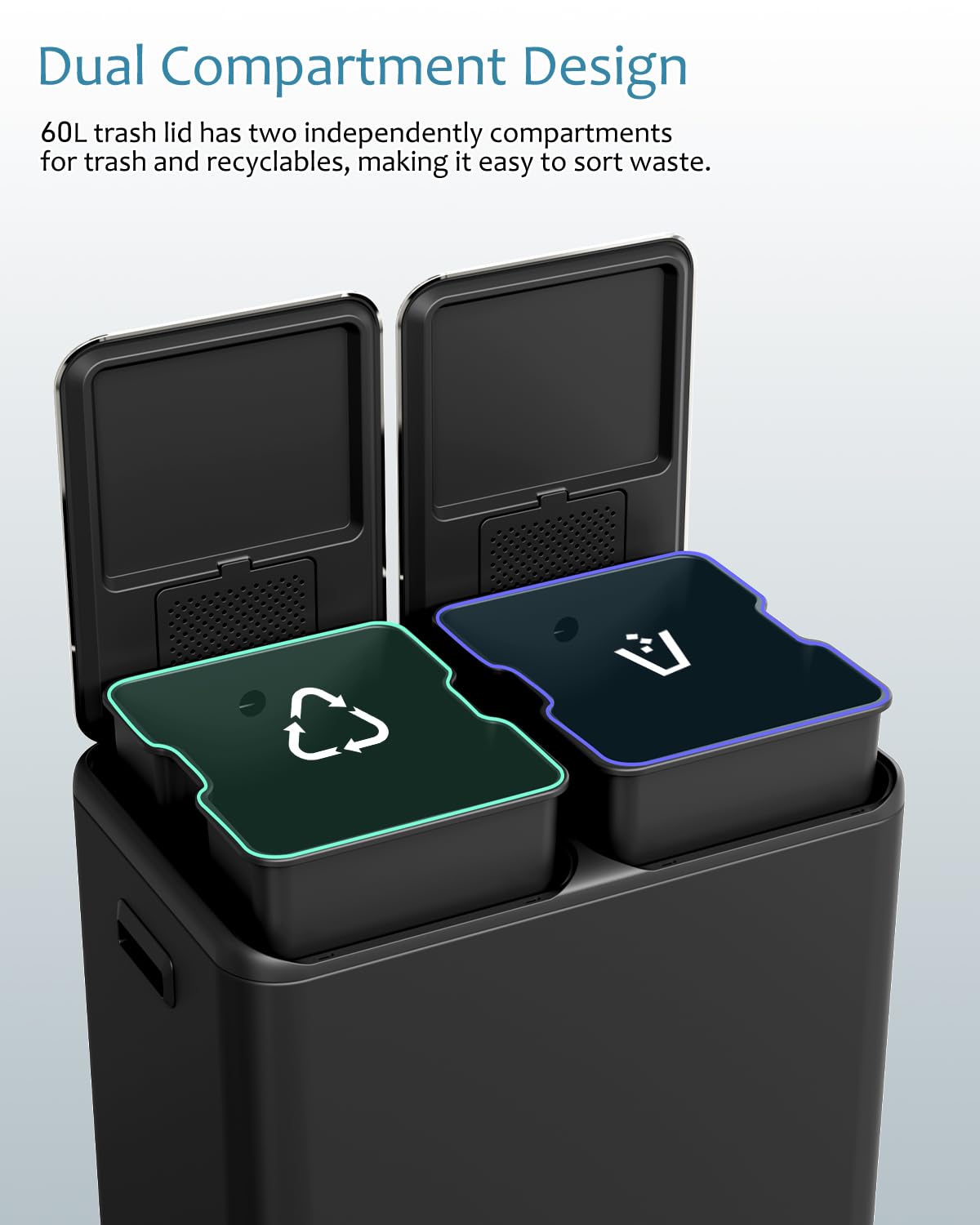 16 Gal (2 x 30 L) Dual Trash Can, Stainless Steel Kitchen Garbage Bin, Recycle Dustbin with Odor