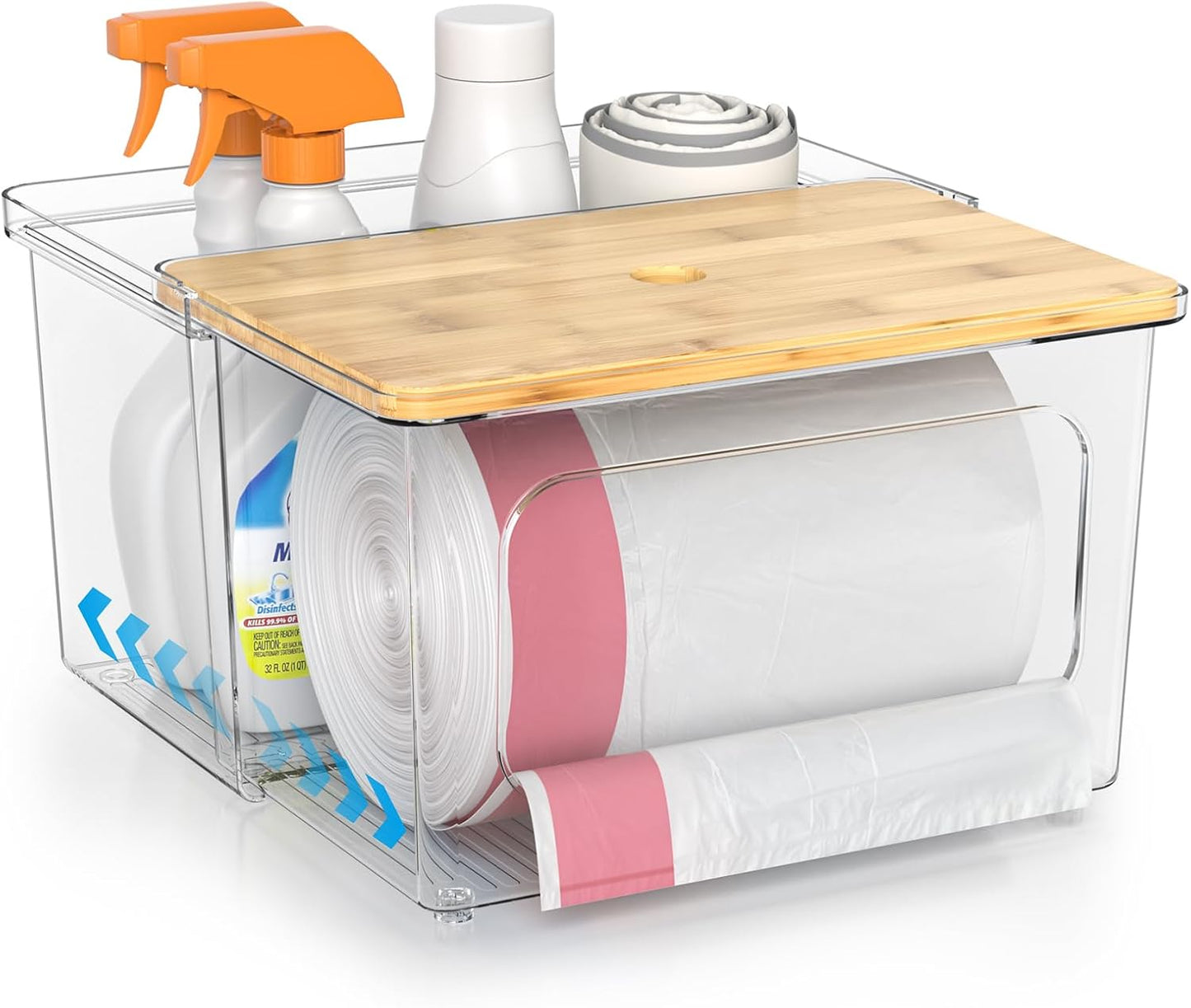 Trash Bag Dispenser Roll Holder - Clear Garbage Bag Holder Dispenser with Bamboo Lid and Sliding