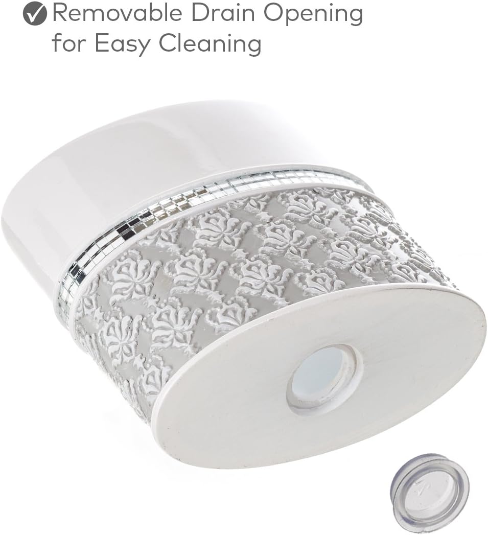 Creative Scents Mirror Damask Bathroom Accessory Set Complete - Decorative 4 Piece White and Gray