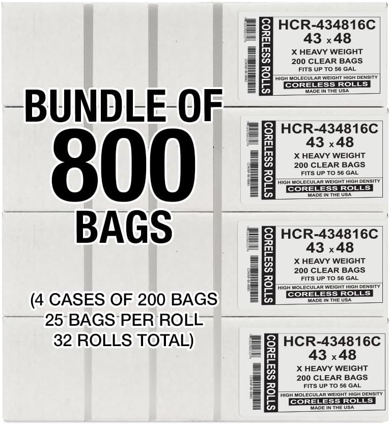 Aluf Plastics High Density Trash Bags, 56 Gallon, 800 Count, 16 Micron (eq), 43" x 48", Clear, for