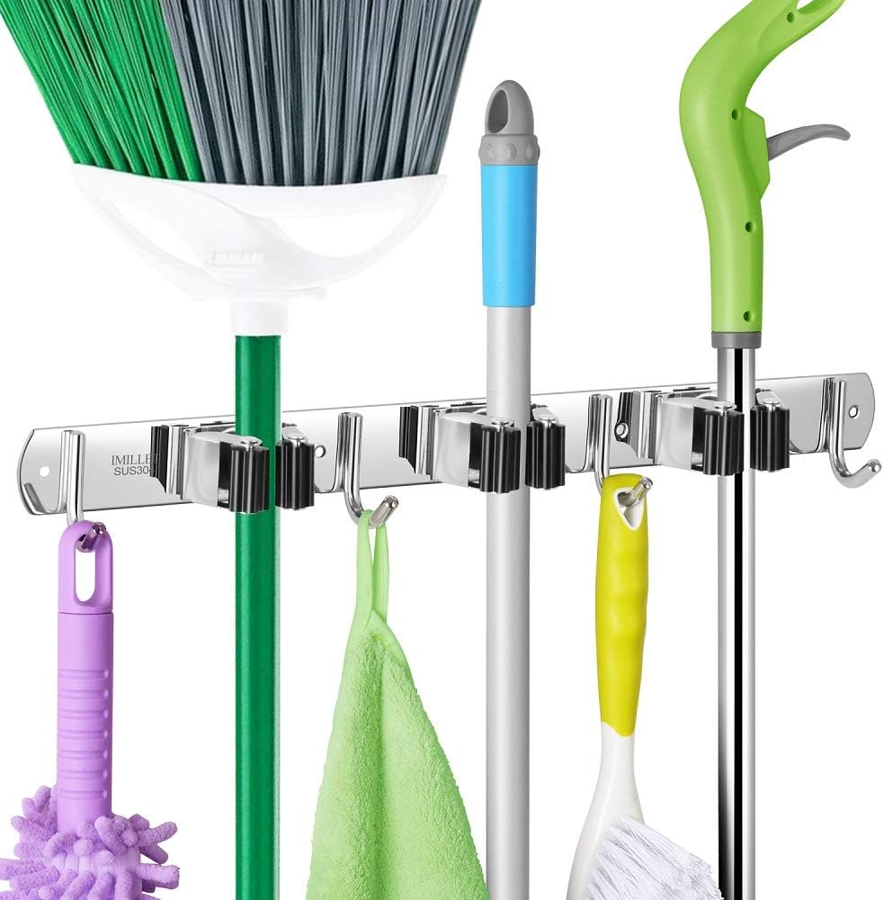IMILLET Broom and Mop Holder Wall Mounted, Stainless Steel Broom Holder Mop Holder Self Adhesive