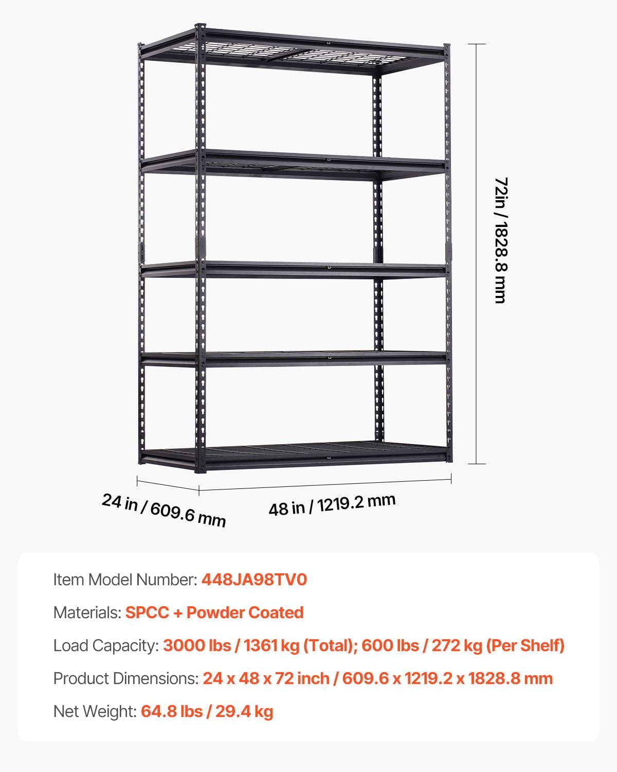 VEVOR Storage Shelves, 3000 lbs, 5 Tier Heavy Duty Garage Shelving, 24" D x 48" W x 72" H