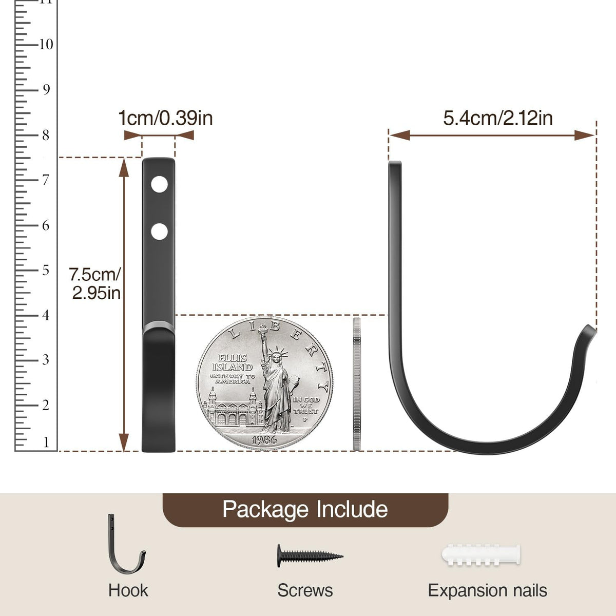 Josmimic 22LB Wall Hooks for Hanging Towel/Coat, Black 5 Pack