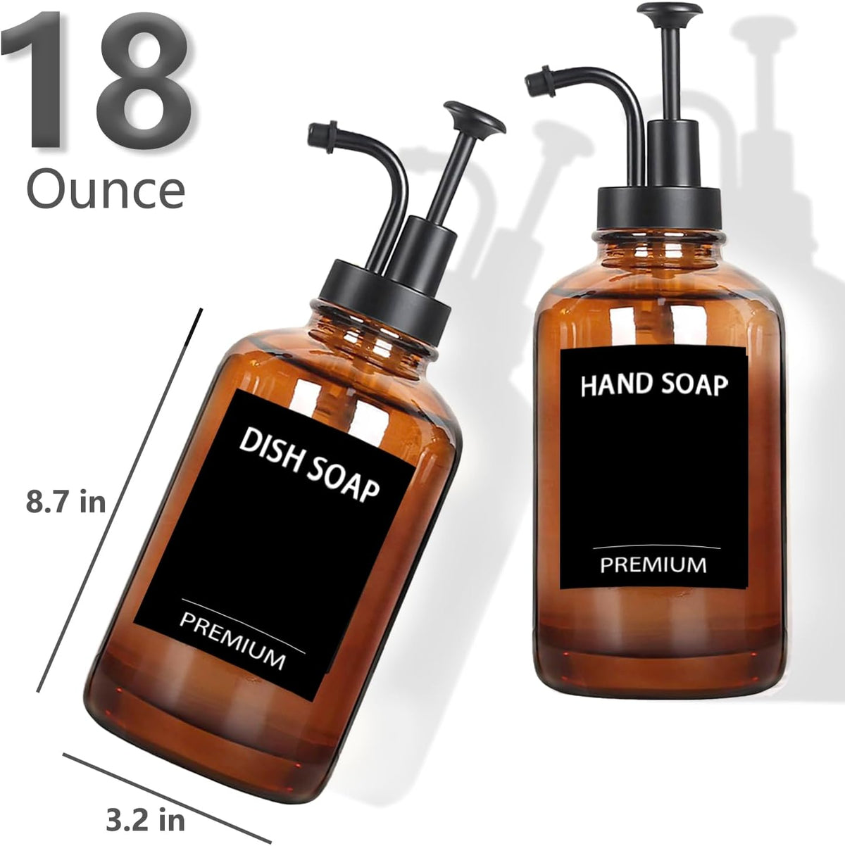 Amber 18 Oz Dish Soap Dispenser for Kitchen, Ultra-Thick Glass Soap Dispenser Set with Tray, Pump