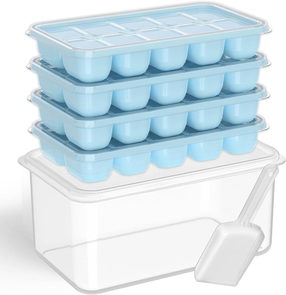 DOQAUS Ice Cube Tray with Lid and Bin, 4 Pack Silicone Plastic Ice Cubes Trays for Freezer with
