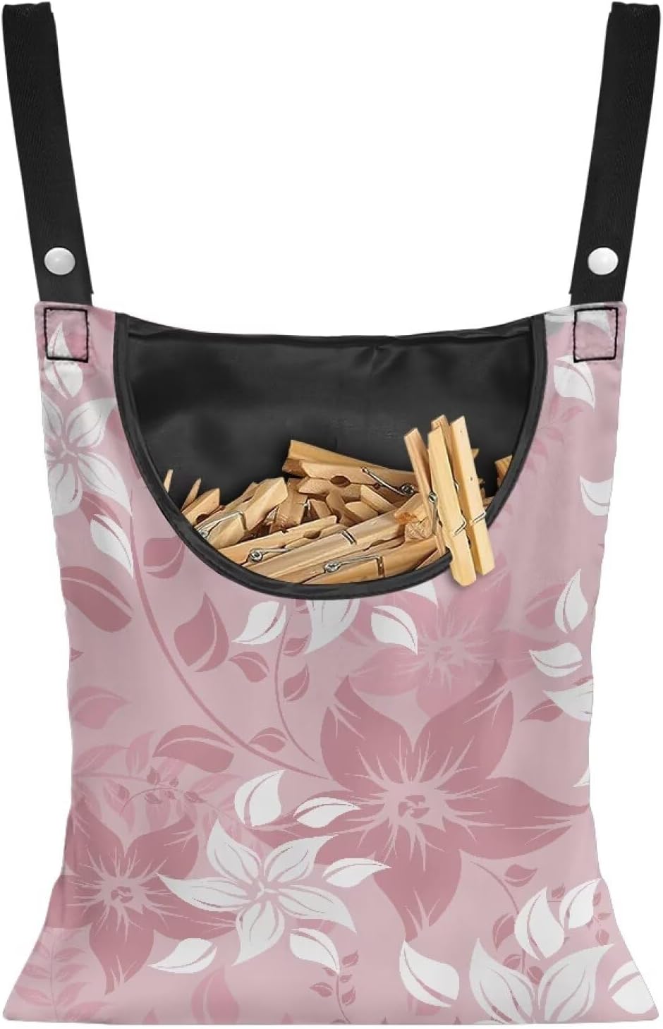 Reinforced Outdoor Clothespin Storage - Minimalist Pink Flower Print Windproof Hanging Bag with