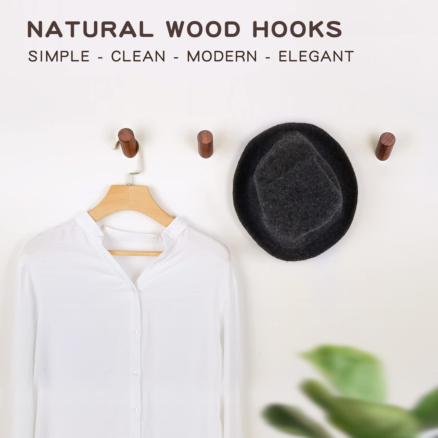 6 Pack Wood Hooks, Natural Coat Hooks Wall Mounted - Rustic Heavy Duty Wall Hooks for Hanging