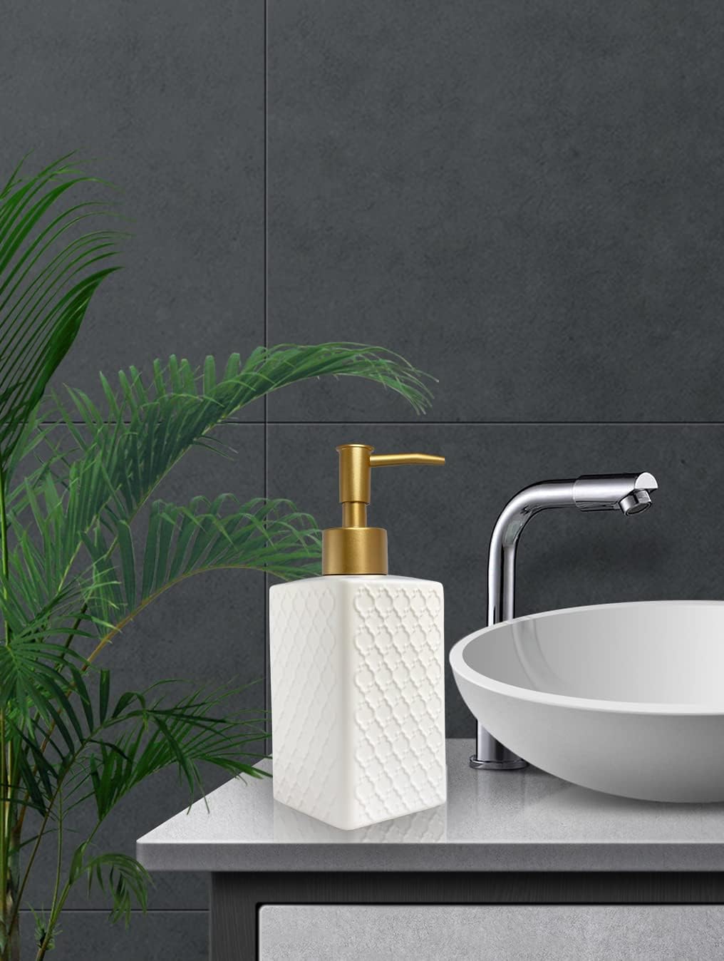 Gold Soap Dispenser for Bathroom,Retro White Square Lotion Dispenser, Refillable Countertop Ceramic