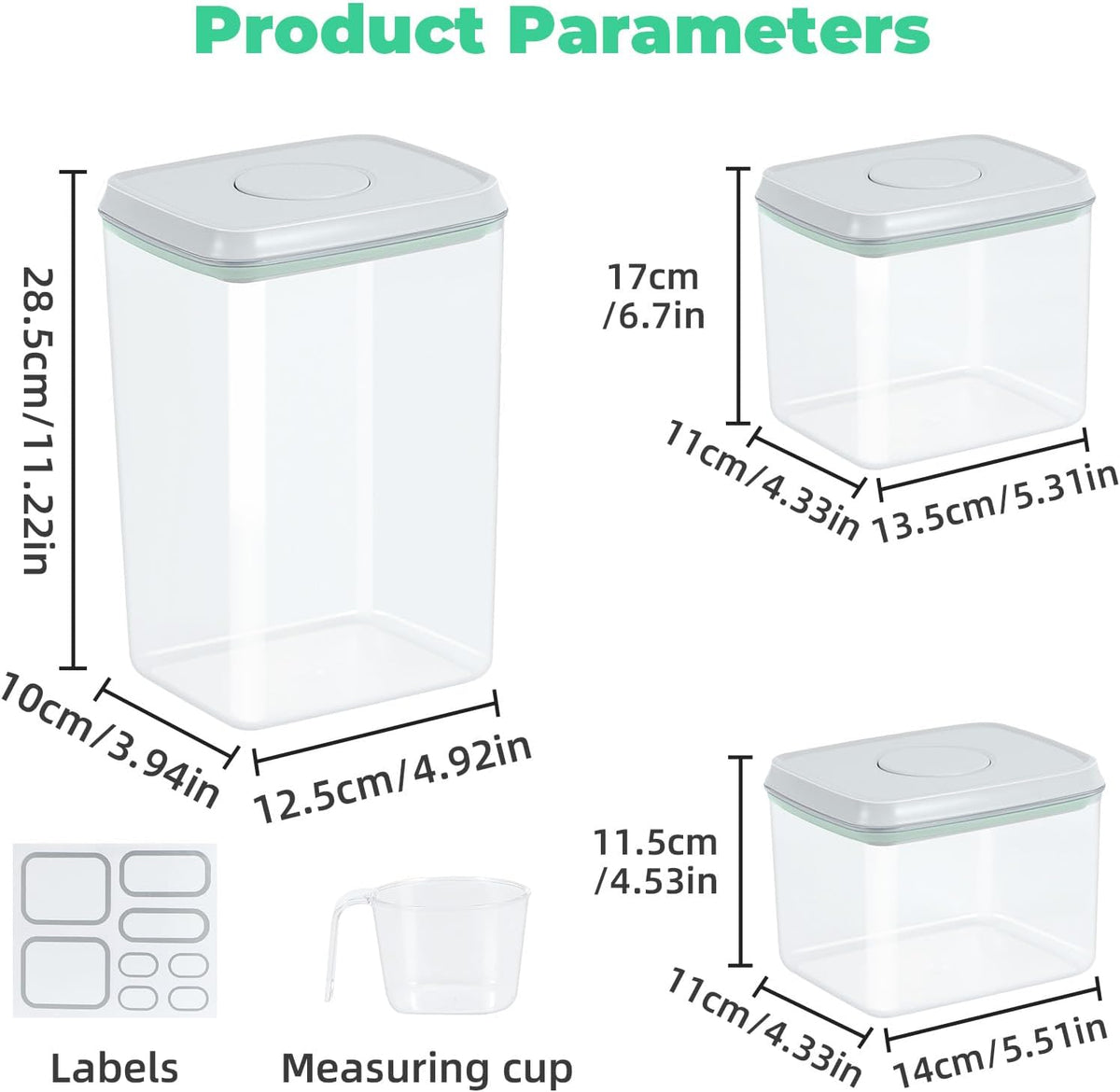 3 Pack Flour and Sugar Storage Containers with Pop-up Lid, 1.26Qt + 2.11Qt + 3.48Qt Food Storage