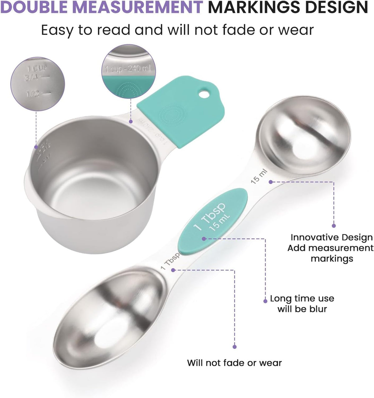Magnetic Measuring Cups and Spoons Set-Heavy Duty 304 Stainless Steel，Double Measurement