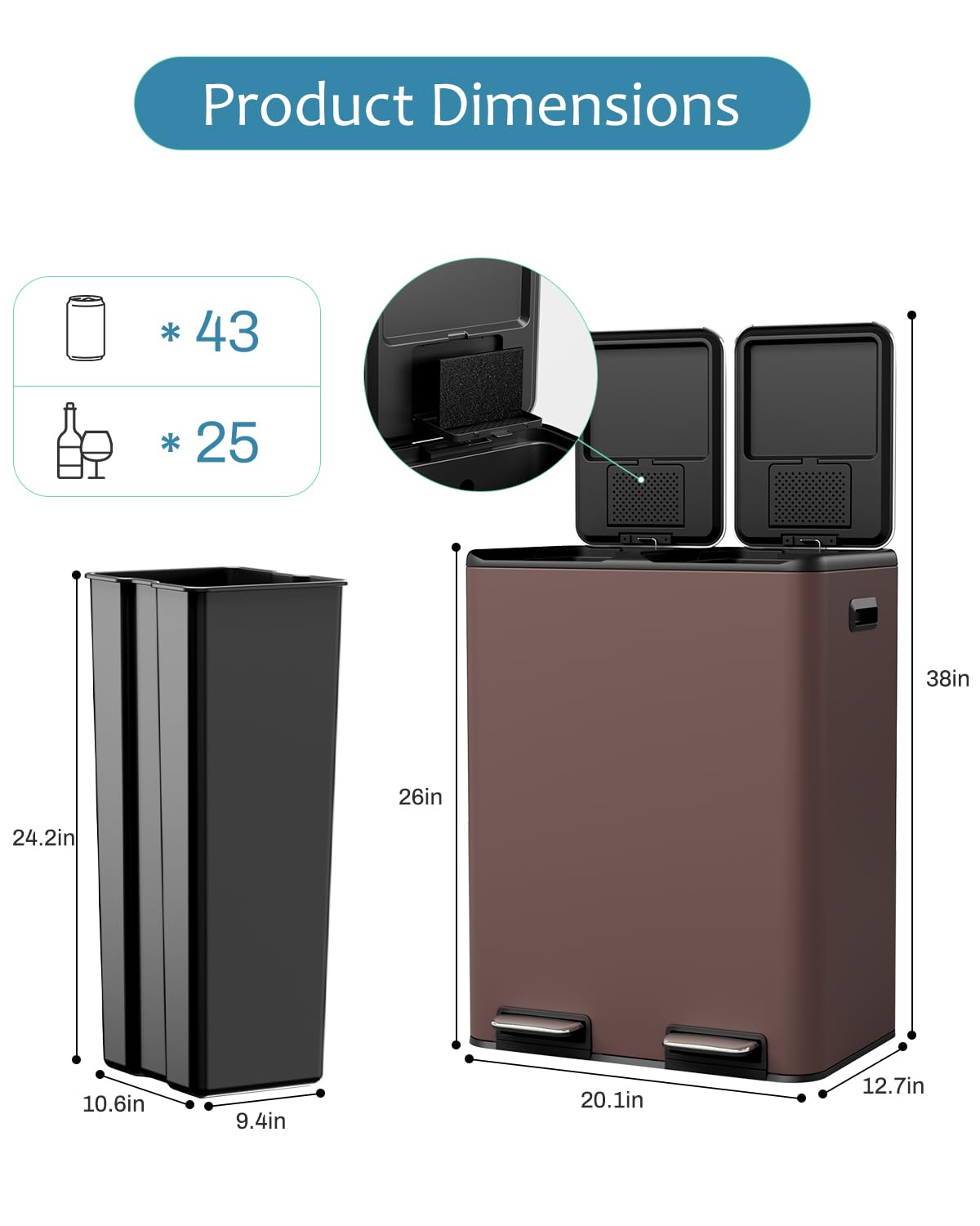 16 Gal (2 x 30 L) Dual Trash Can, Stainless Steel Kitchen Garbage Bin, Recycle Dustbin with Odor