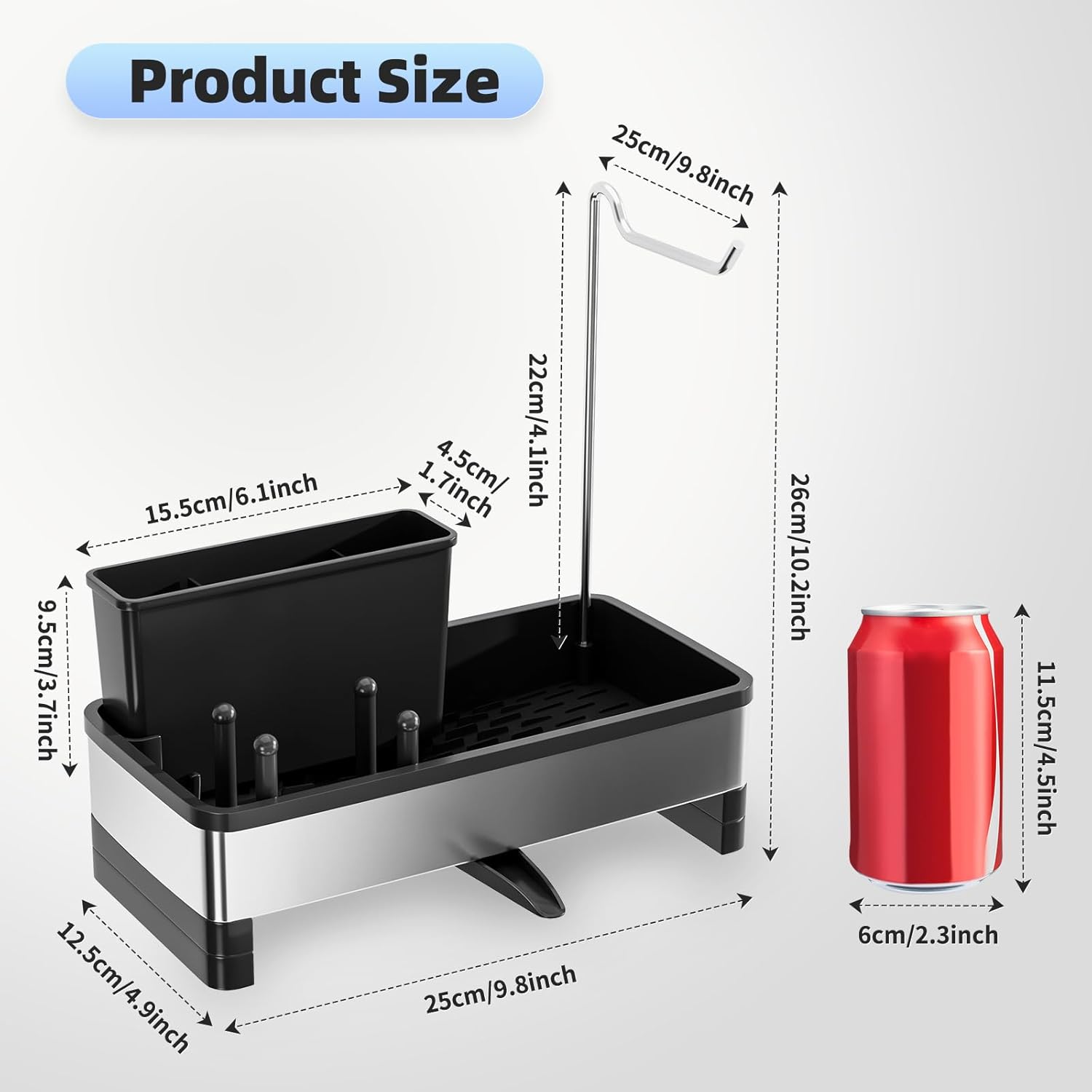 Stainless Steel Sink Caddy, Sponge Holder for Kitchen Sink with Brush Holder & Dishcloth Rack