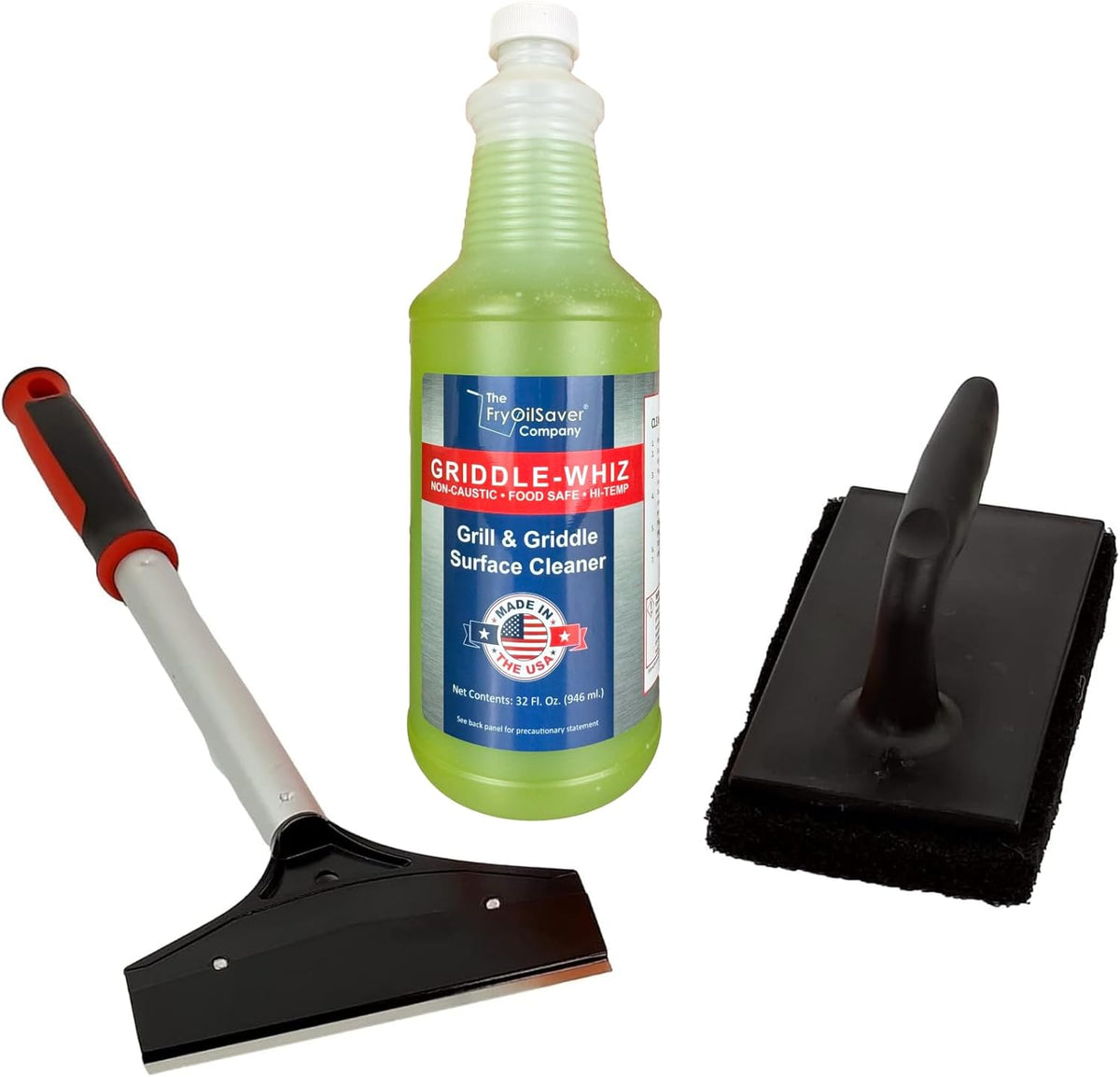 Griddle-Whiz 3 Piece Griddle Cleaning Kit | Liquid Grill Cleaner w/Griddle Scraper & Scrubber Pad