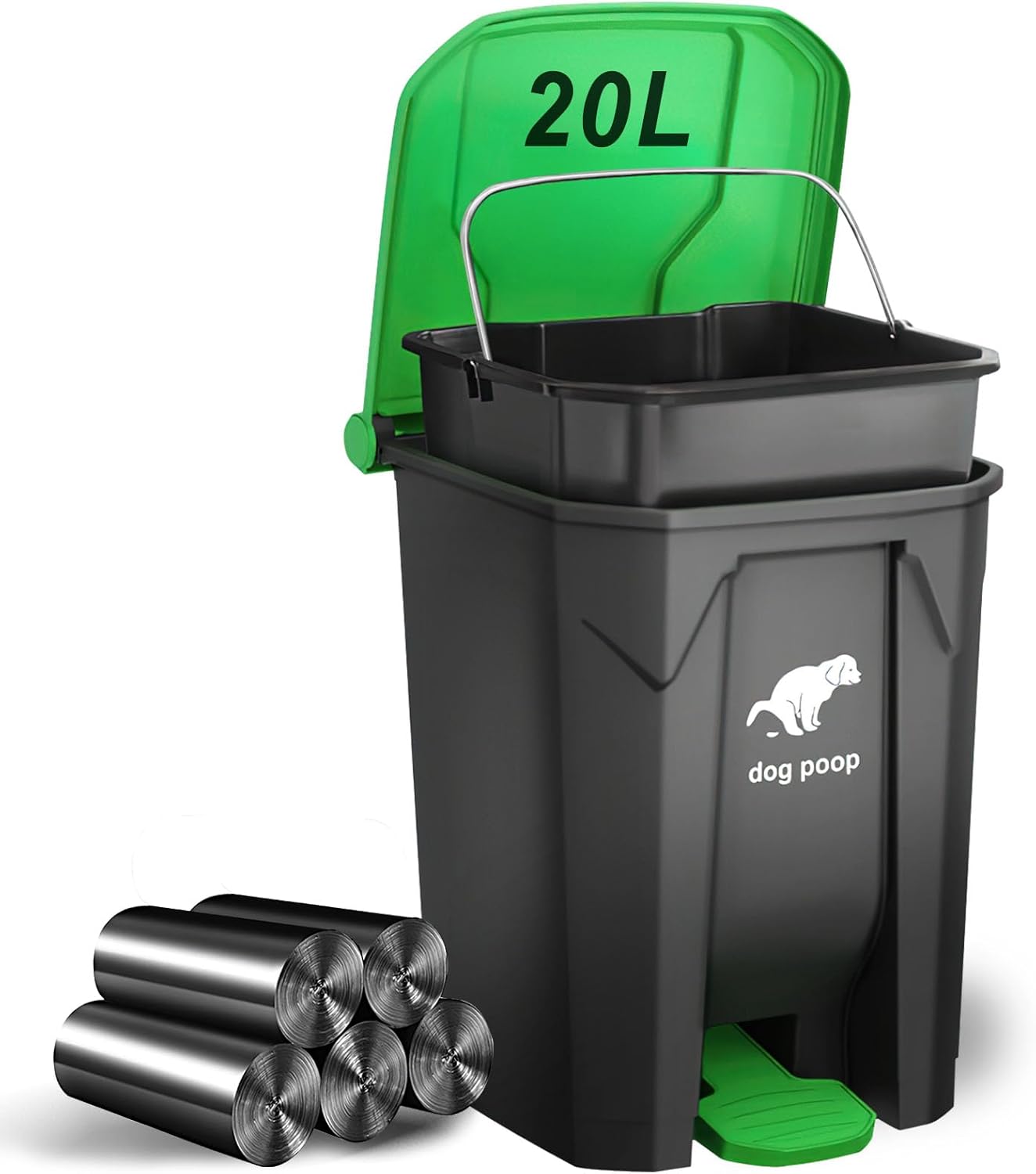 Dog Poop Trash Can Outside, 20L/5Gallon Dog Waste Trash Can with Lid, Pedal and Removable Inner