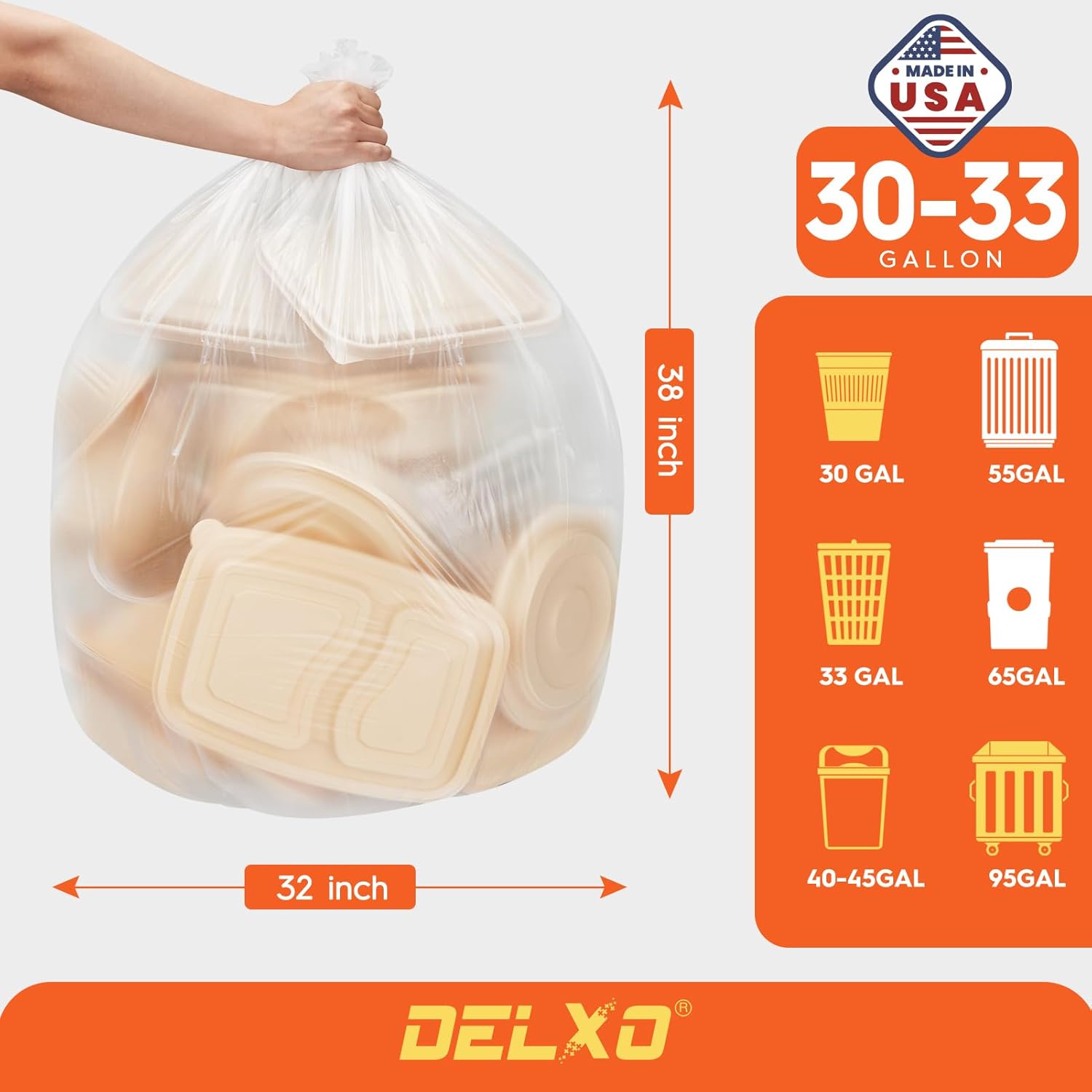 DELXO 30-33 Gallon Trash Bags, 250 Count Heavy Duty Large Clear Garbage Bags, Thick Durable and