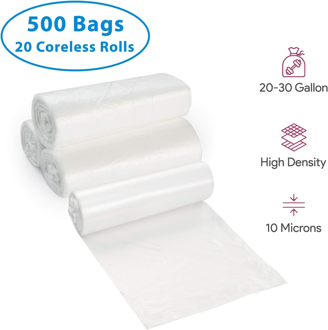 20-30 Gallon Clear Garbage Can Liners, 500 Count - Medium - Large Trash Can Liners - High Density