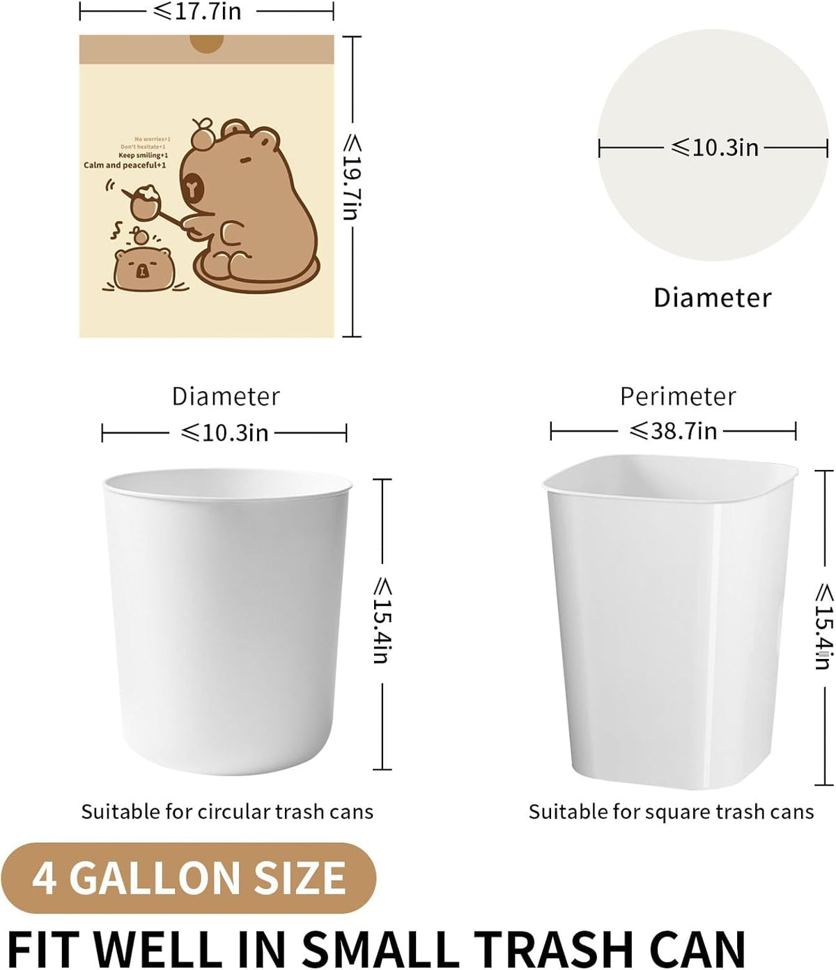 VOK 4 Gallon Trash Bags with Capybara Printed, Drawstring Small Garbage Bags, Tear-Resistant &