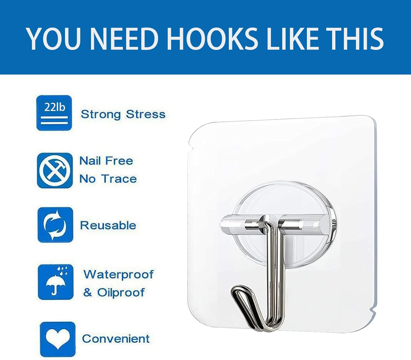 COLOGO 100 Pack Adhesive Hooks 24lb(Max) Heavy Duty Self Adhesive Hooks, Transparent Reusable