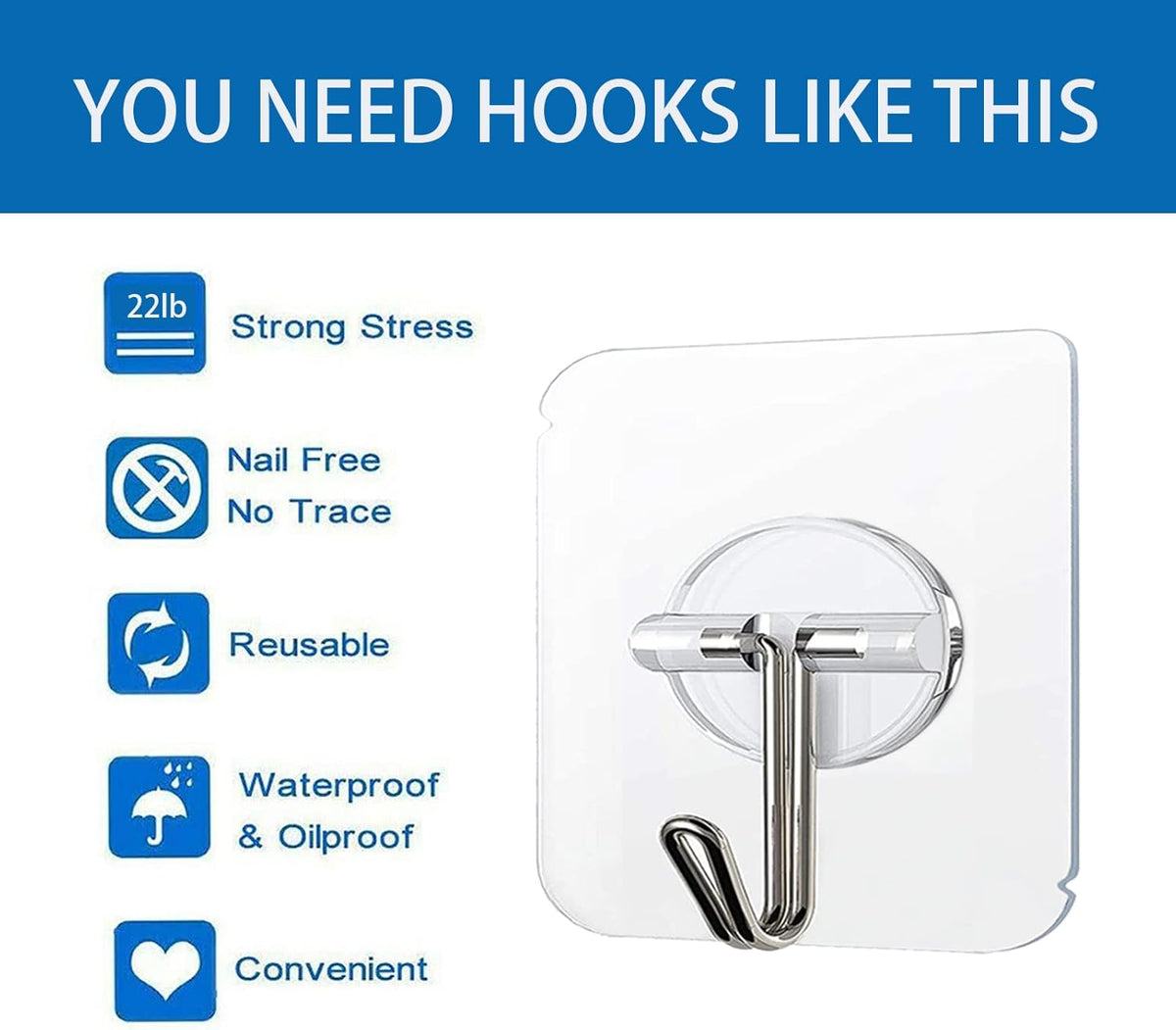 COLOGO 100 Pack Adhesive Hooks 24lb(Max) Heavy Duty Self Adhesive Hooks, Transparent Reusable