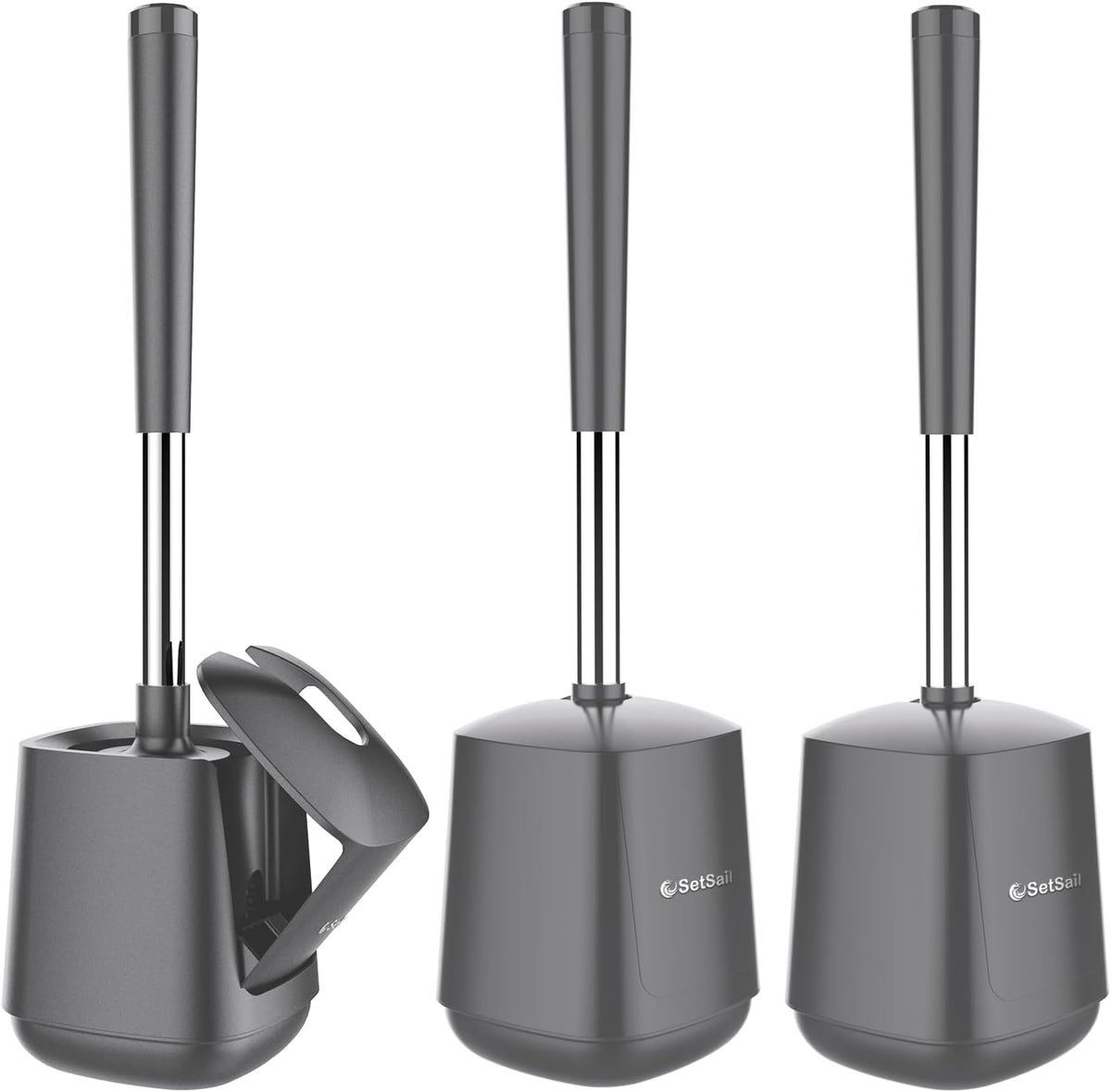SetSail Toilet Brush and Holder 3 Pack, Self Closing Lid Toilet Bowl Brushes Holder Extra Long