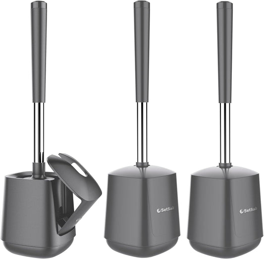 SetSail Toilet Brush and Holder 3 Pack, Self Closing Lid Toilet Bowl Brushes Holder Extra Long
