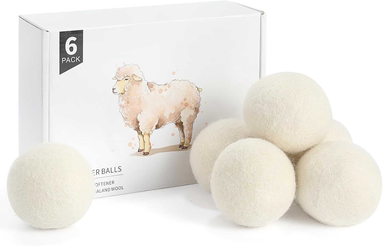 Wool Dryer Balls 6 Pack, Natural Fabric Softener, Dryer Balls Laundry Reusable, Reduces Clothing