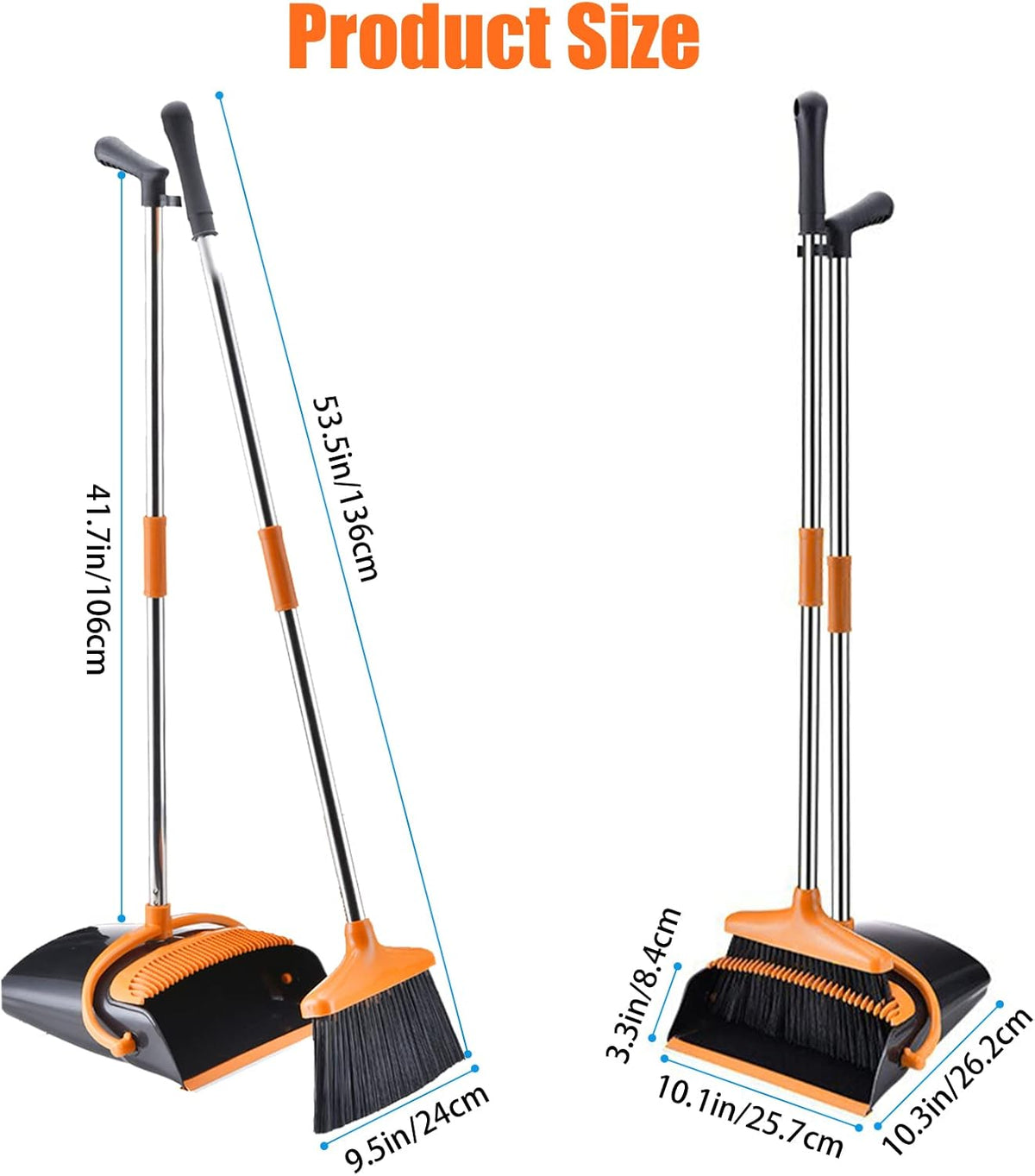 Broom and Dustpan Set with Long Handle and 6 Bonus Cleaning Tools, Upright Standing Combo with