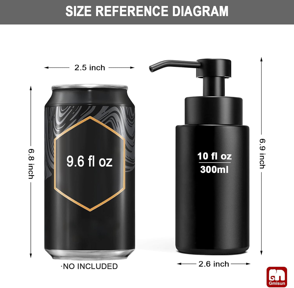 GMISUN Foaming Soap Dispenser, 10 Fl oz/300 ml Matte Black Glass Foaming Hand Soap Dispenser, 2Pcs