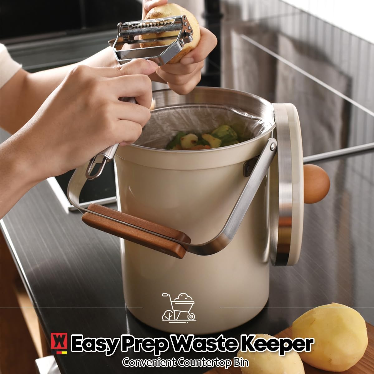 Kitchen Countertop Compost Bin 101ounces / 3Liters, Airtight Lid SUS304 Stainless Steel Odor-Free