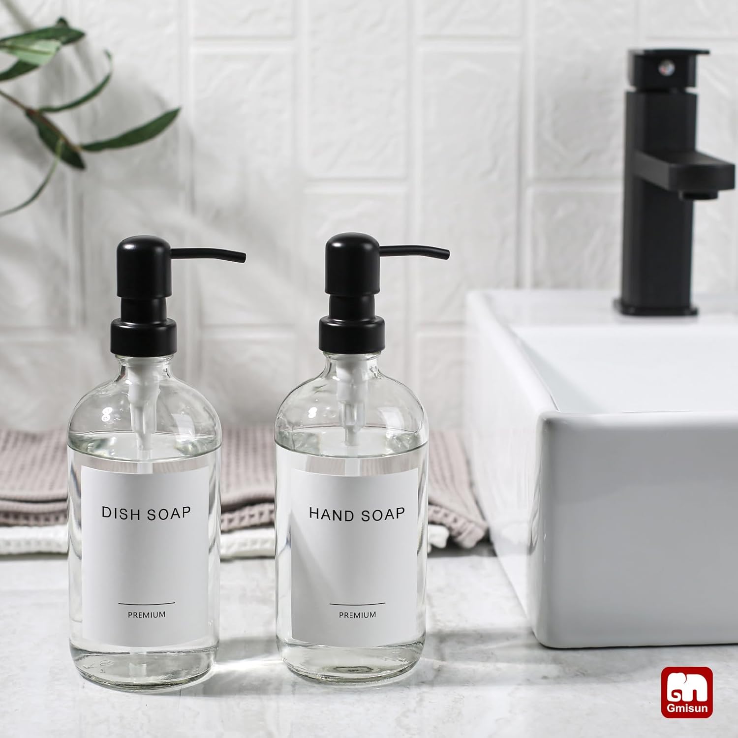 GMISUN Glass Soap Dispenser with Pump, 2 Pack Clear Bathroom Hand Soap Dispenser with Stainless