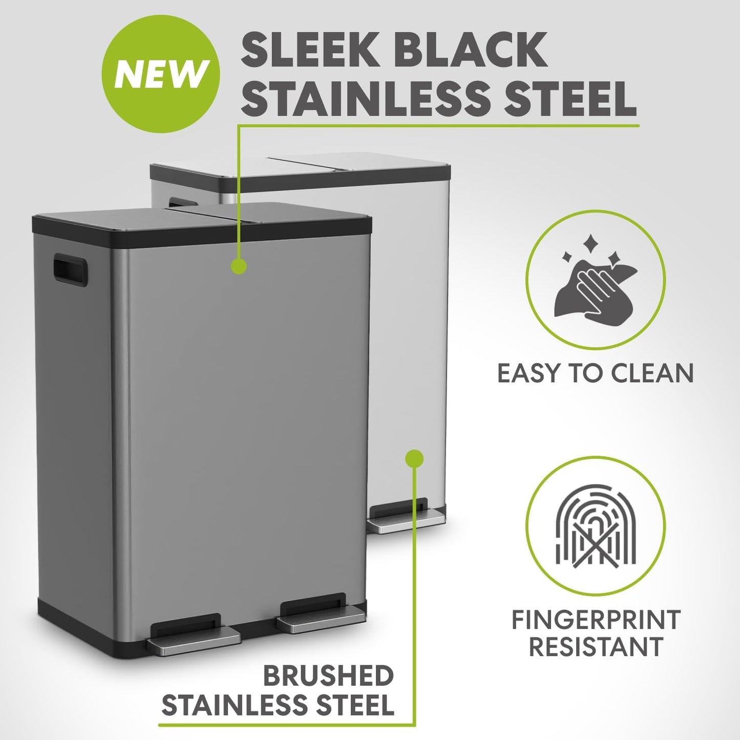 SIMPLI-MAGIC 16 Gallon (60L) Elegant Black Step Trash Can – Dual Compartment Kitchen Garbage Can
