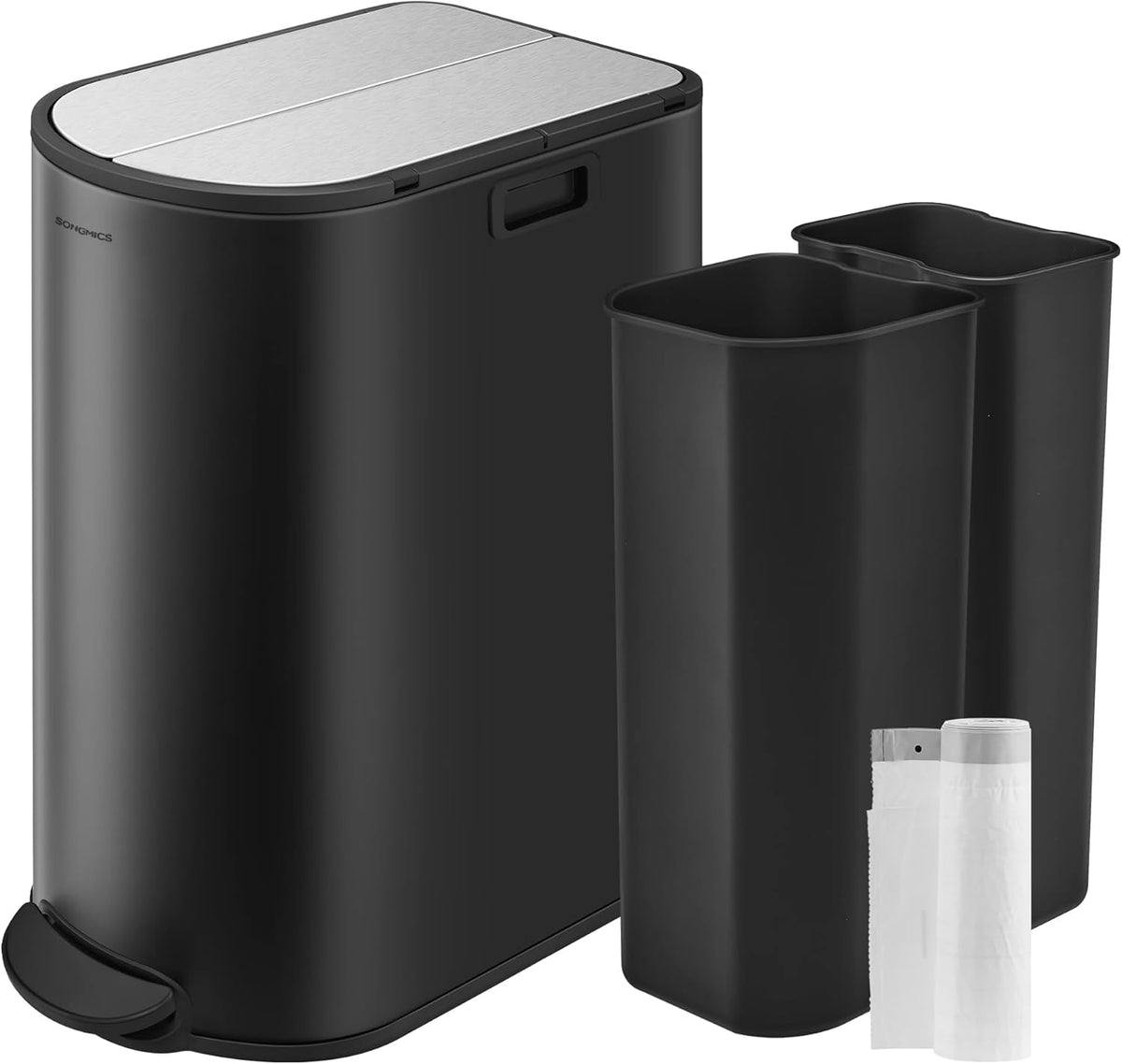 SONGMICS 13-Gallon Dual Kitchen Trash Can, 5.3 and 8 Gallon Compartments, Garbage Can with Wing
