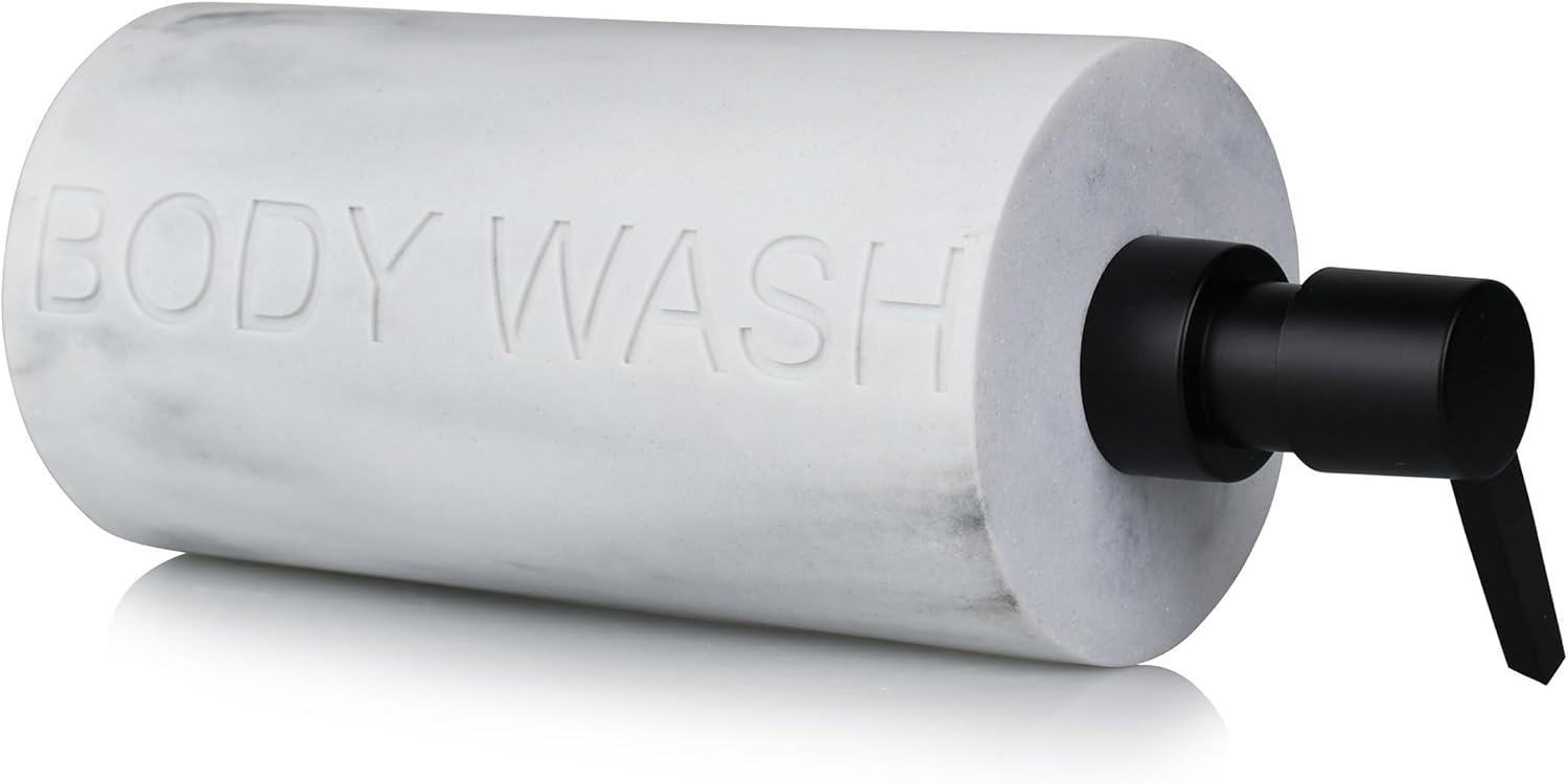 White Body Wash Dispenser Luxurious Refillable Pump Bottle with Embossed Text, Durable Construction