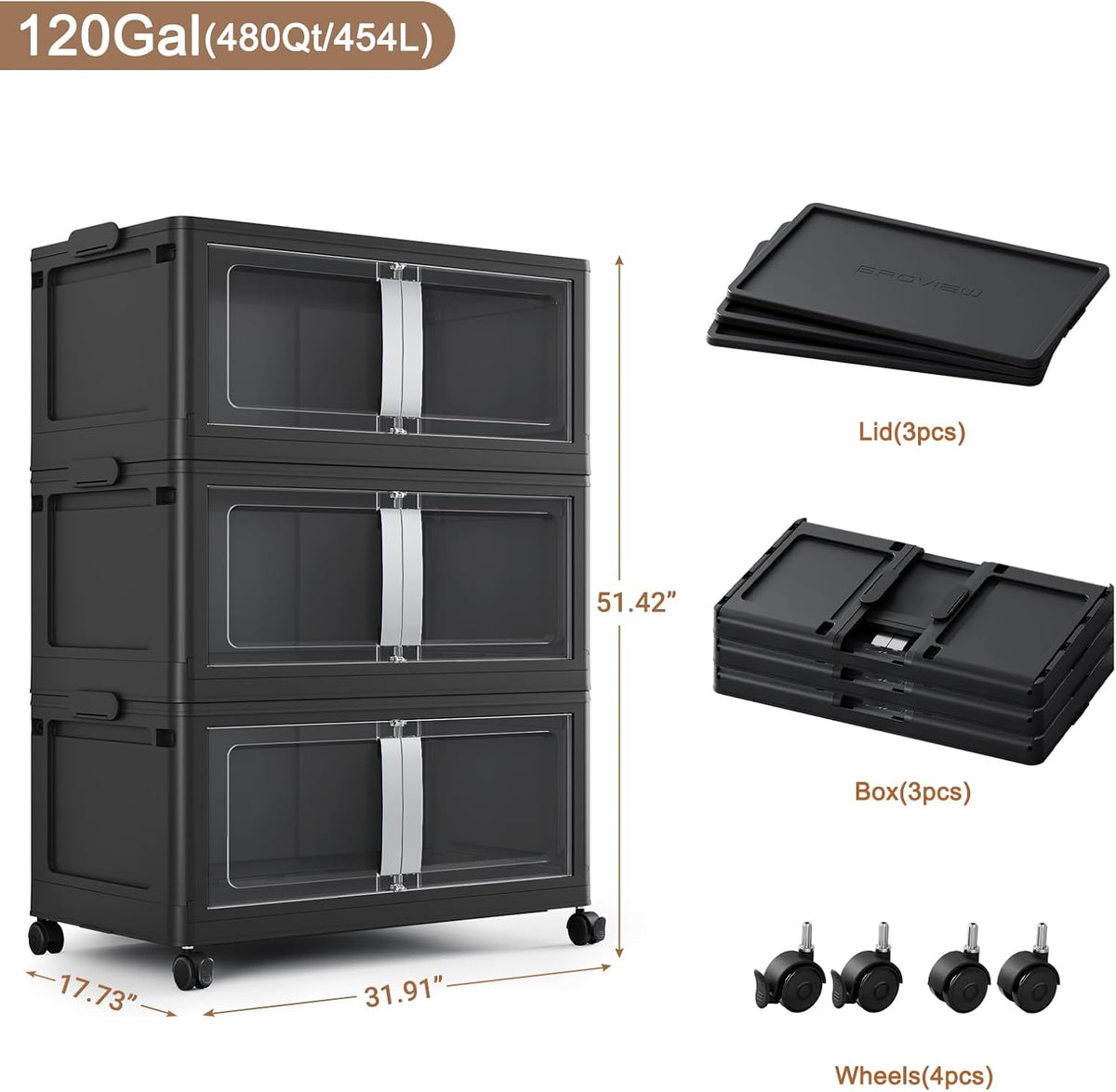 BROVIEW 480QT Stackable Storage Bins with Lids, 120Gal Extra Large Collapsible Storage Box with