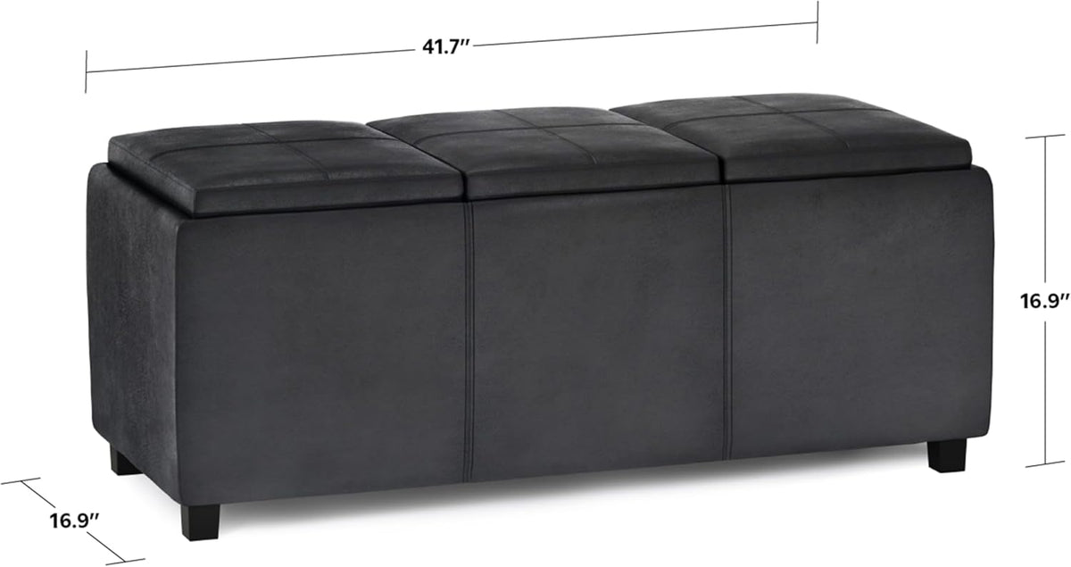 SIMPLIHOME Avalon 42 inch Wide Contemporary Rectangle Storage Ottoman in Distressed Black Vegan