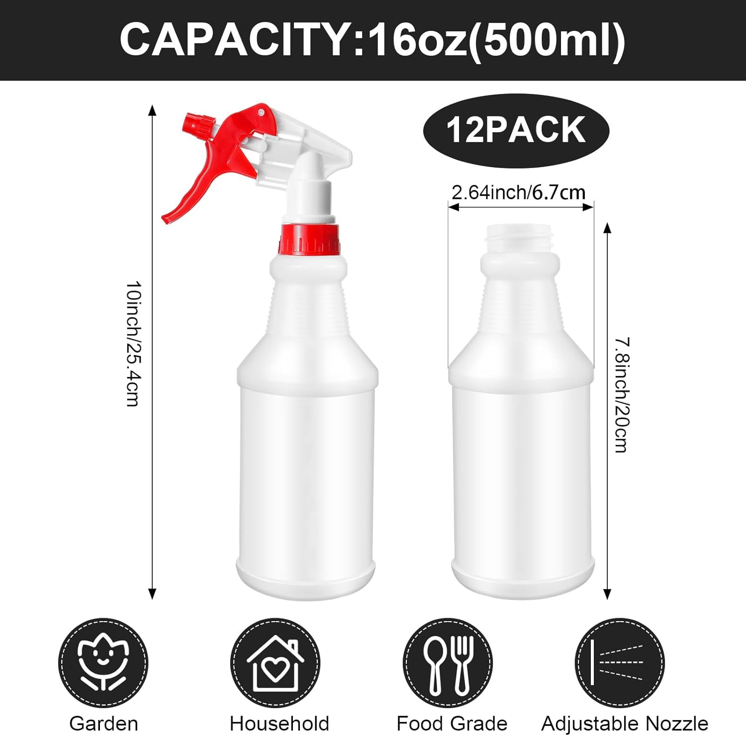 Eccliy 12 Pcs 16 Oz Plastic Spray Bottle, Adjustable Empty Reusable Sprayer for Cleaning, Planting