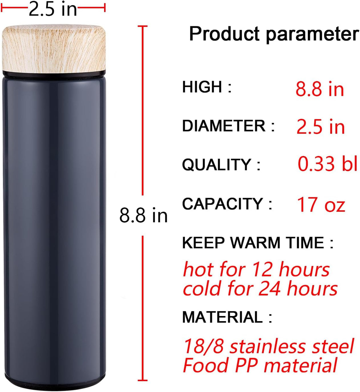 15oz Water Bottle Stainless Steel Thermos Flask - Insulated Vacuum, Leak Proof, Keeps Drinks