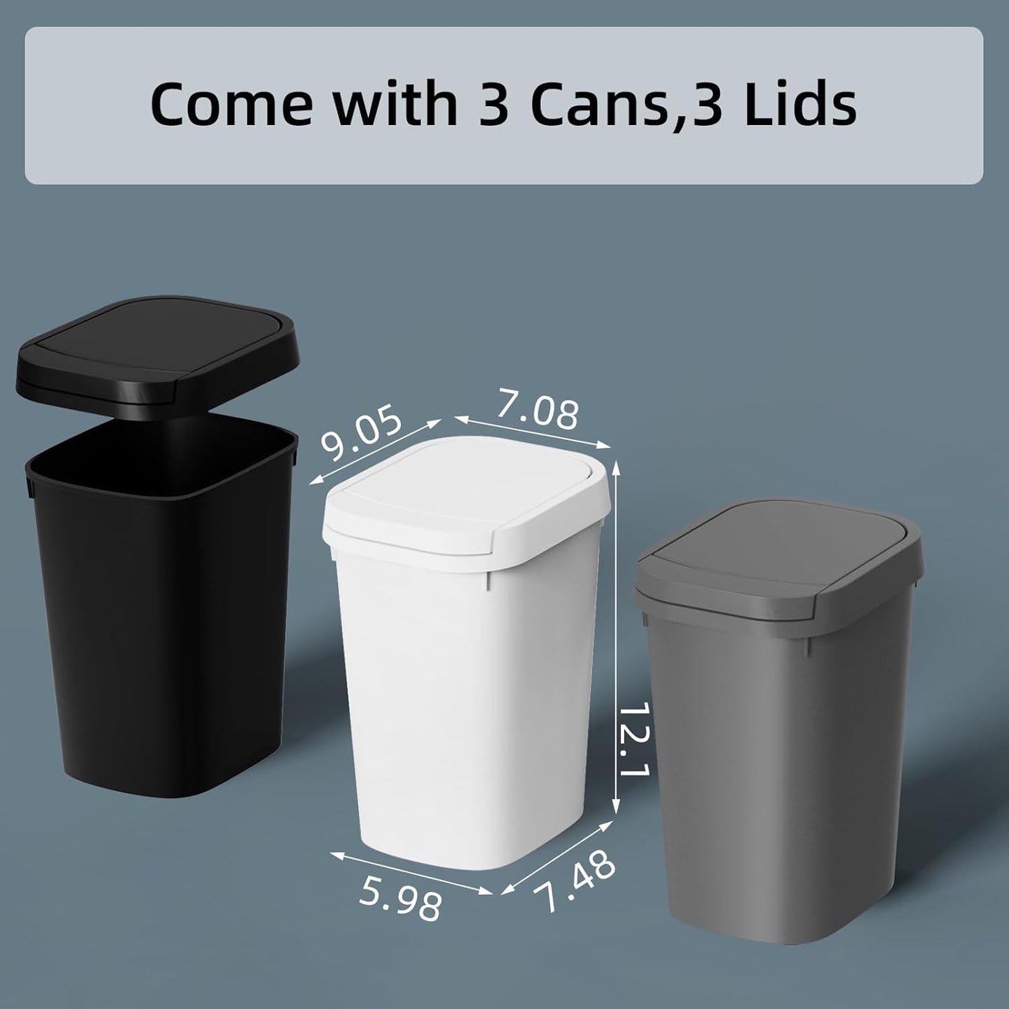 3 Pack Bathroom Small Trash Can with Lid, 2.6 Gallon Slim Garbage Bin with Pop-Up Lid, 10L Plastic