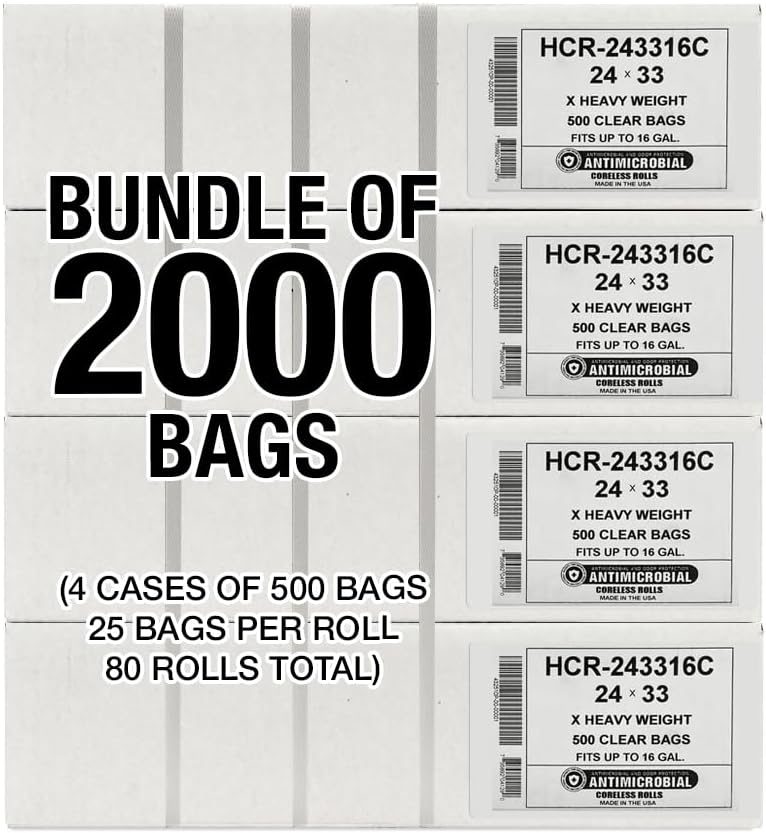 Aluf Plastics High Density Trash Bags, 12-16 Gallon, 2000 Count, 16 Micron (eq), 24" x 33", Clear