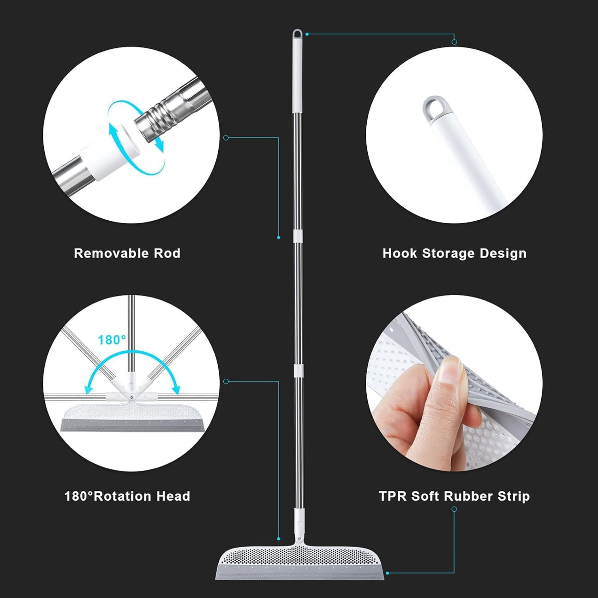 Rubber Squeegee Broom for Floors, 51.77" Long Handle Multi-Surface Magic Broom, Pet Hair Remover