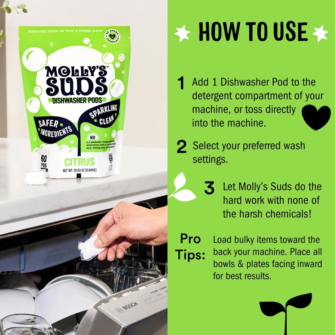 Molly's Suds Dishwasher Pods | Clean Dishwasher Detergent, Cuts Grease & Rinses Clean