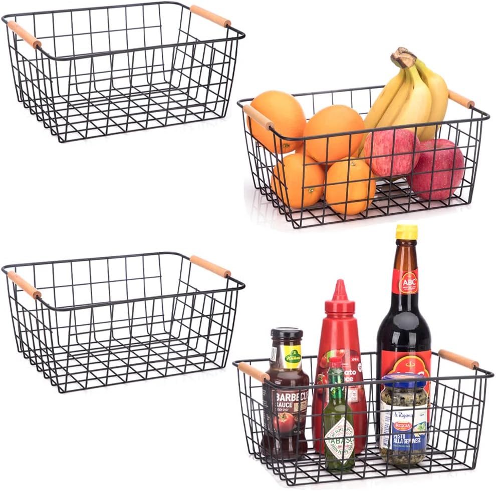 LeleCAT Wire Baskets with Wooden Handles, Wire Storage Organizer Baskets , Household Refrigerator