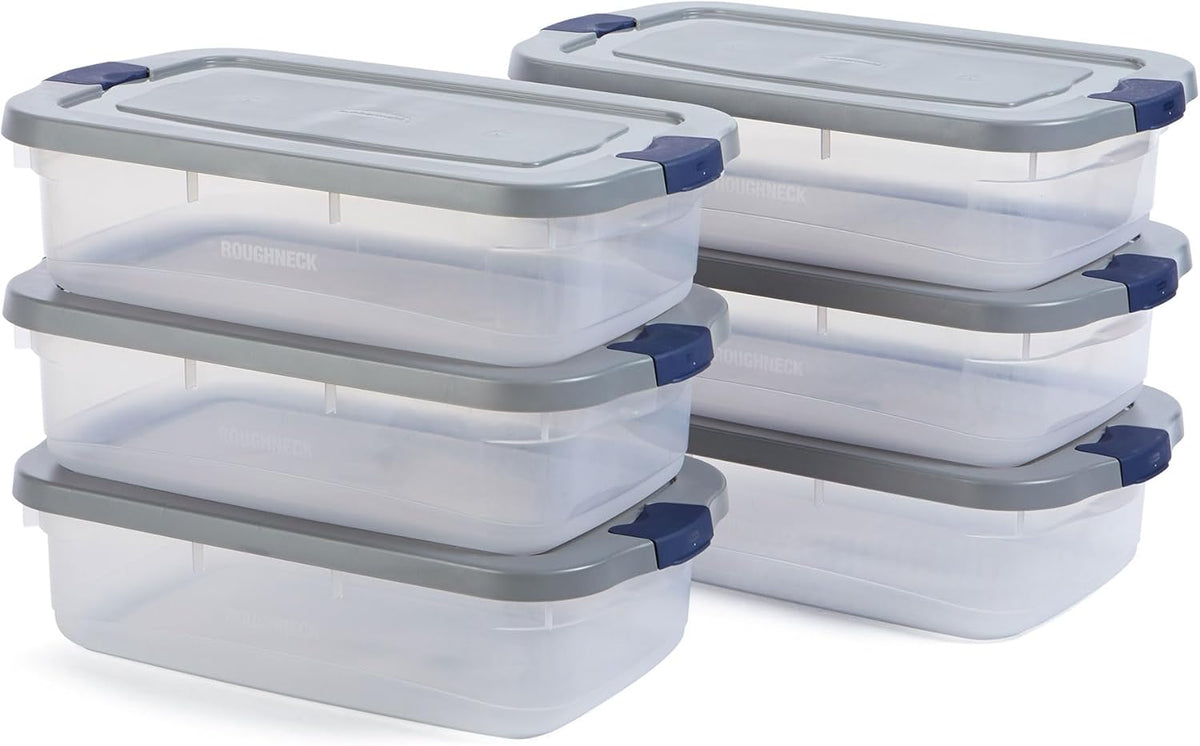 Rubbermaid Roughneck Clear 31 Qt/ 7.75 Gal Storage Containers, Pack of 6 with Snap-Fit Grey Lids