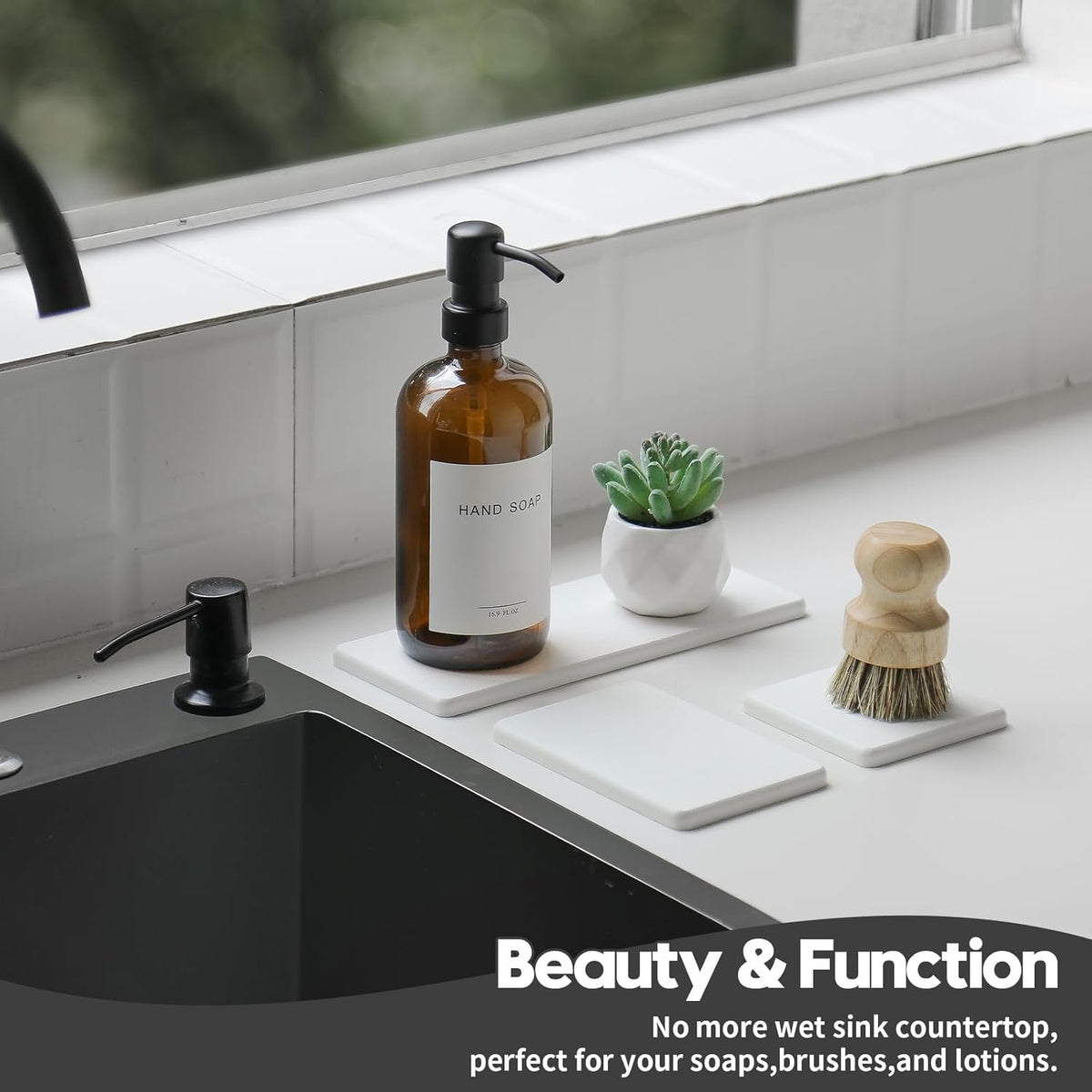 3PCS Bathroom Sink Vanity Trays, Quick Stone Drying Mat Dish Soap Dispenser Sponge Holder for
