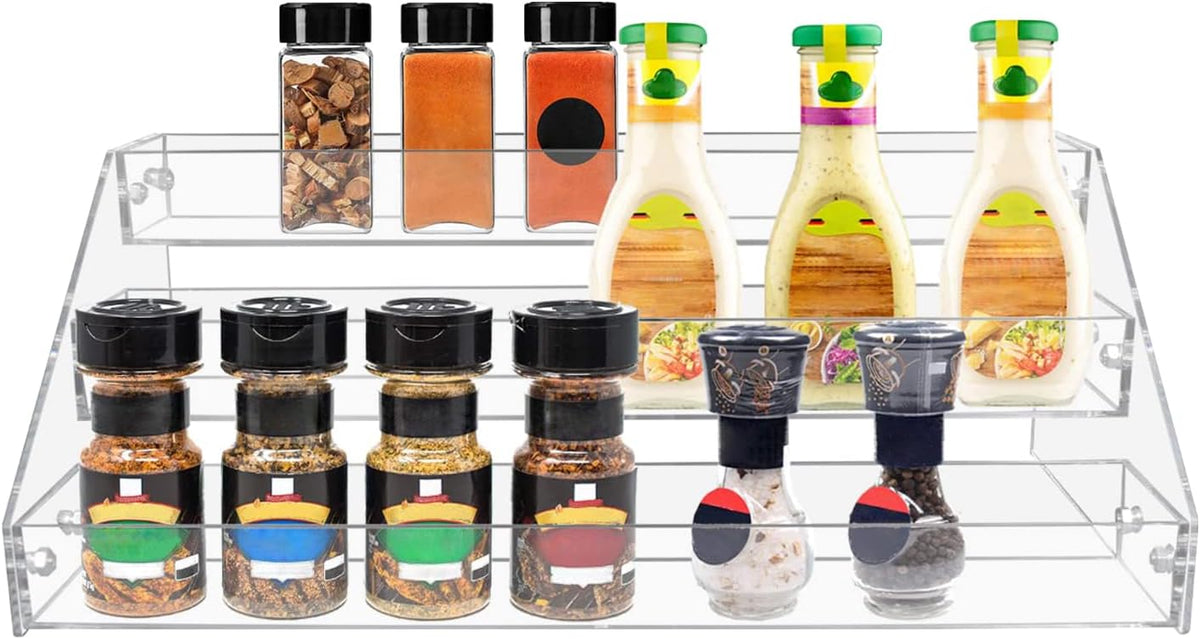 PMMASTO Tiered Spice Rack, Seasoning Organizer, Clear Acrylic Vertical Shelves Can Organizer for