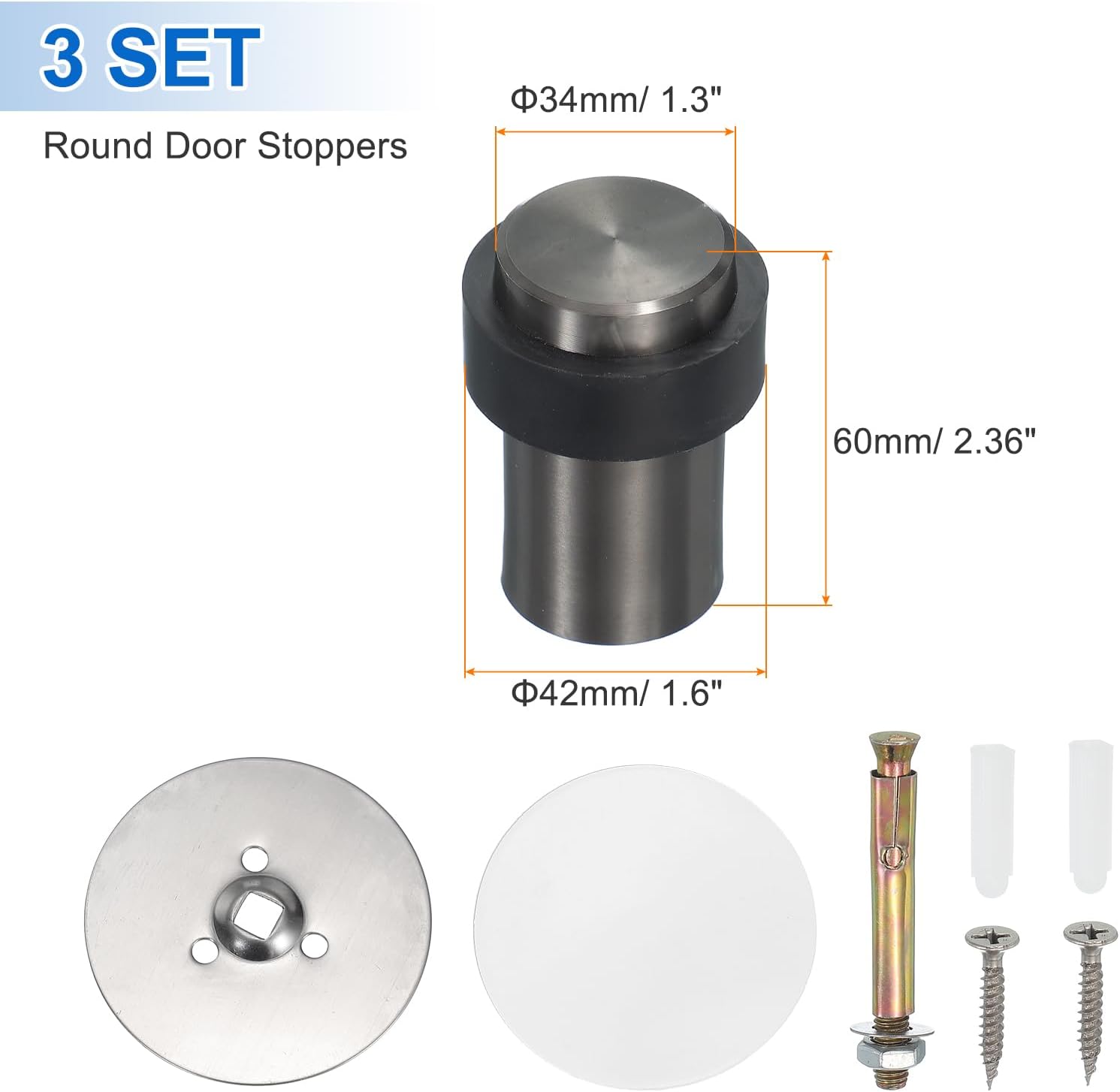 PATIKIL 3Set Round Door Stoppers, 60mm Stainless Steel Door Stop Doorstop Wedge Metal Cylinder Self