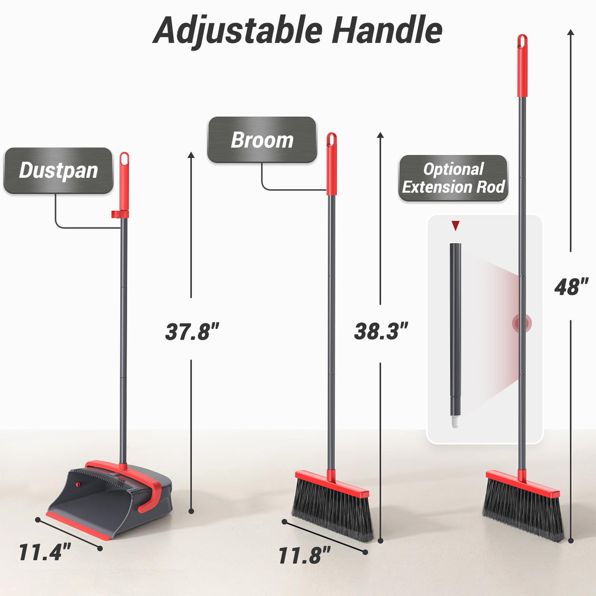 Zeawec Broom with Dustpan Set for Pet Hair & Dust Cleanup, Red & Gray
