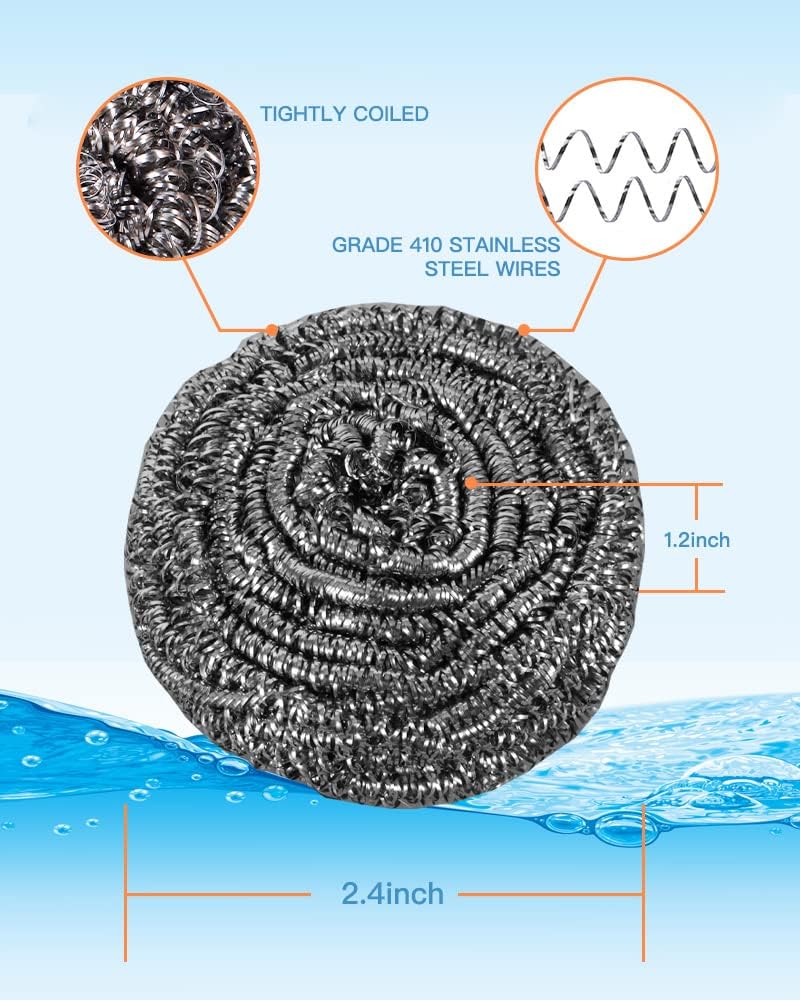12Pcs Steel Wool Scrubber Pads for Cleaning Dishes, Pans, Pots, Ovens, Grills, Sinks - Stainless