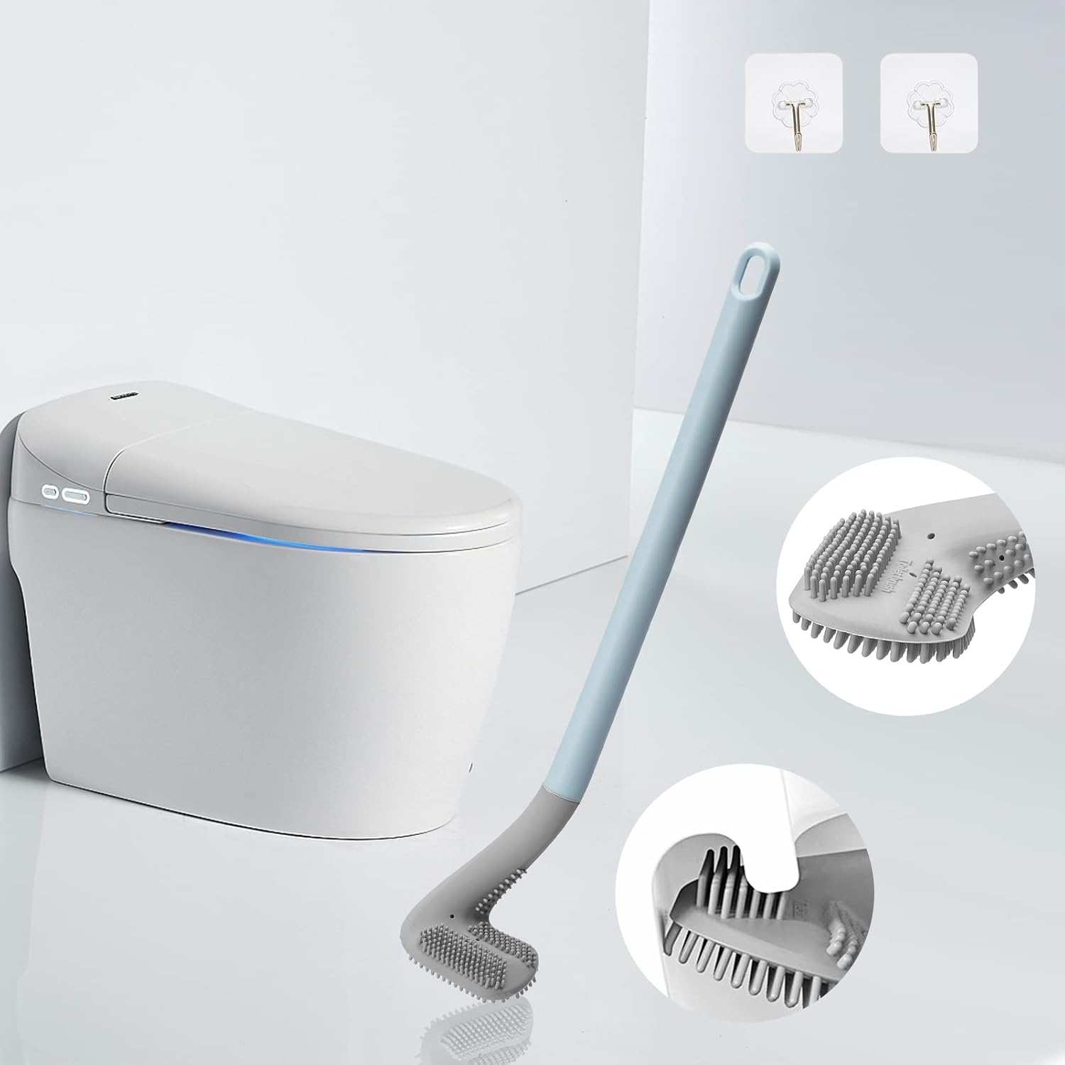 2Pcs Toilet Brush, Slim Compact Bathroom Toilet Scrubber No Dead Corners Silicone Toilet Brush